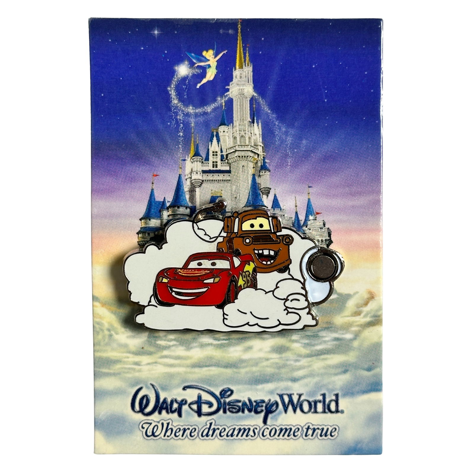Disney WDW Cars Lightning McQueen & Tow Mater Where Dreams Come True Mystery Magnet Pin: Disney WDW Cars Lightning McQueen & Tow Mater Where Dreams Come True Mystery Magnet Pin. Tow Mater and Lightning McQueen zoom by on a cloud in this Open Edition pin. The Cars are smiling. The pin has
