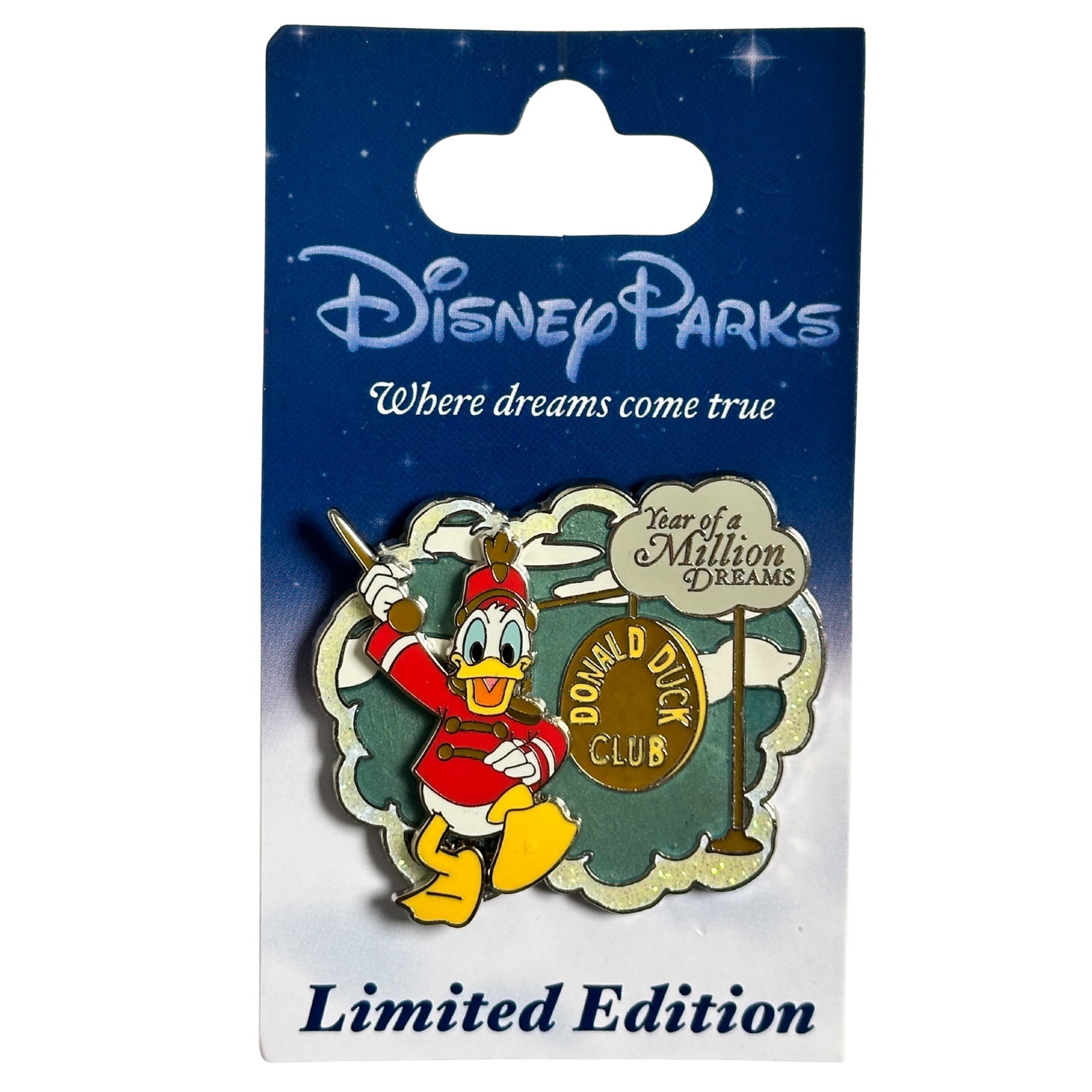 Disney WDW Year Of A Million Dreams Donald Duck Pin: Disney WDW Year Of A Million Dreams Donald Duck Pin. Donald's dream comes true as the bandleader for the "Donald Duck Club" in this Limited Edition Pin commemorating Walt Disney World ® Resort's Year