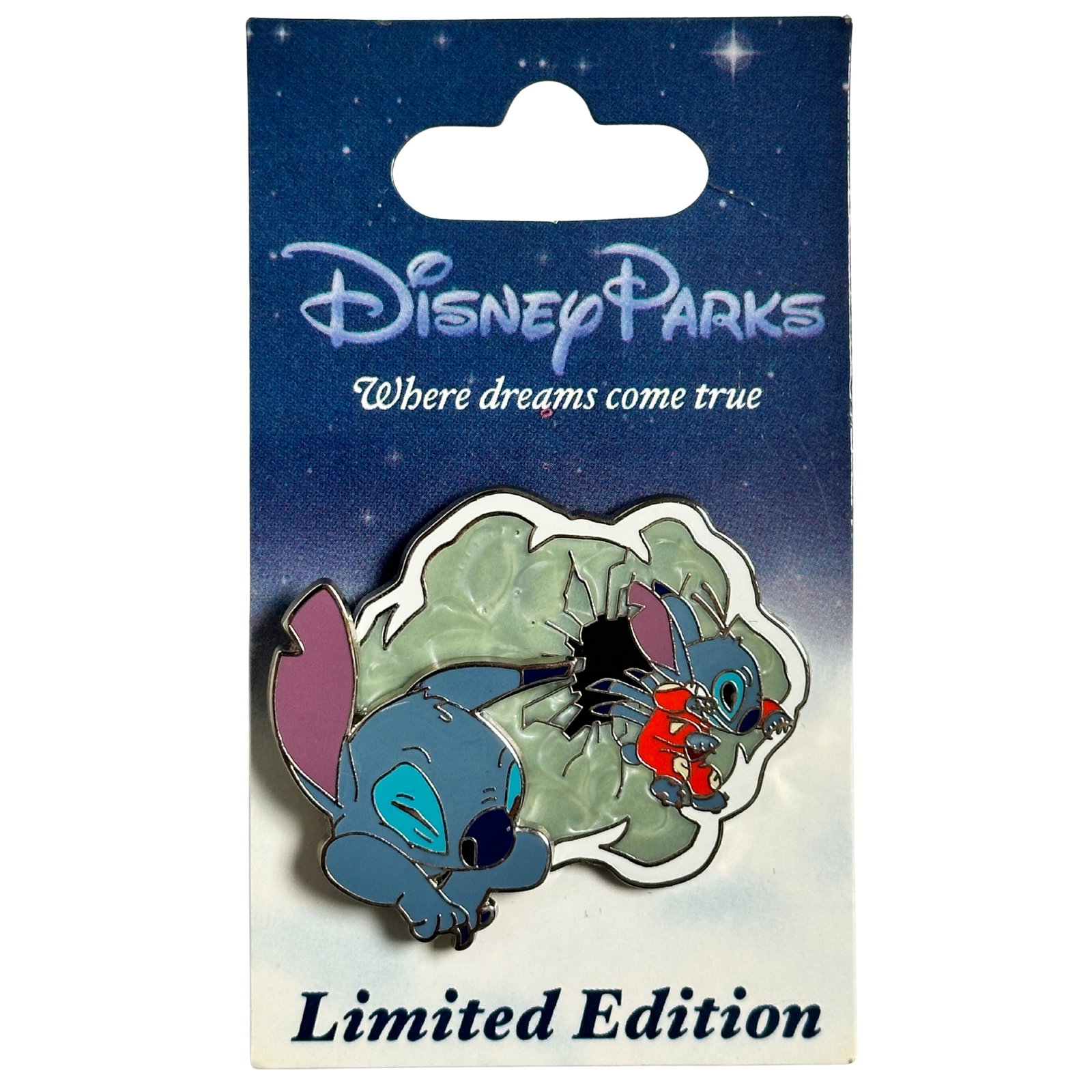 Disney WDW Year Of A Million Dreams Stitch Pin: Disney WDW Year Of A Million Dreams Stitch Pin. Stitch from Disney's Lilo and Stitch dreams of making his big escape. Stitch is featured as a pin-on-pin element. In his dream, little Stitch wears a re