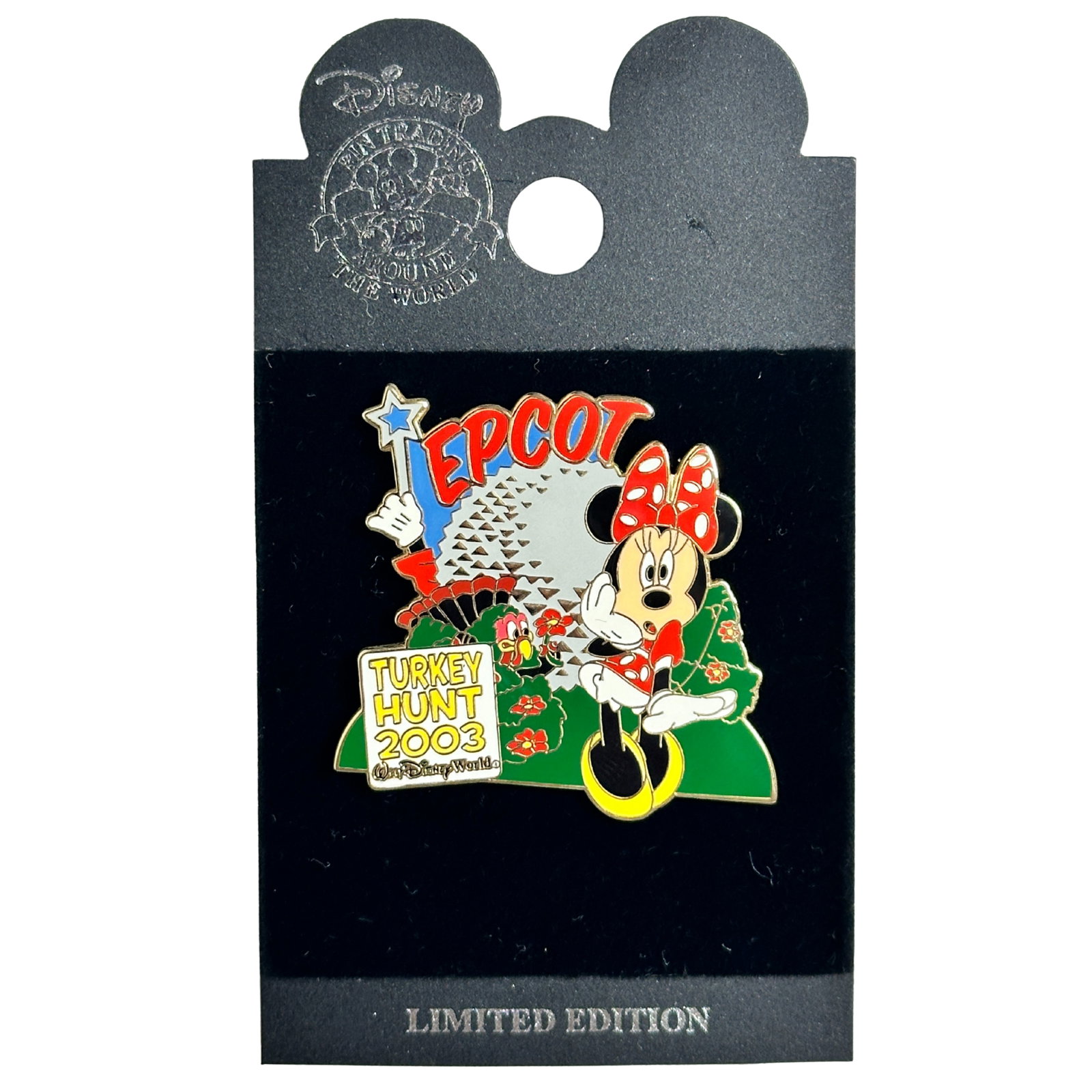 Disney WDW Epcot Turkey Hunt 2003 Minnie Mouse Pin: Disney WDW Epcot Turkey Hunt 2003 Minnie Mouse Pin. Can that be a turkey among the flowers, Minnie ponders as she searches for the elusive turkey near Spaceship Earth at Epcot. This pin was released e