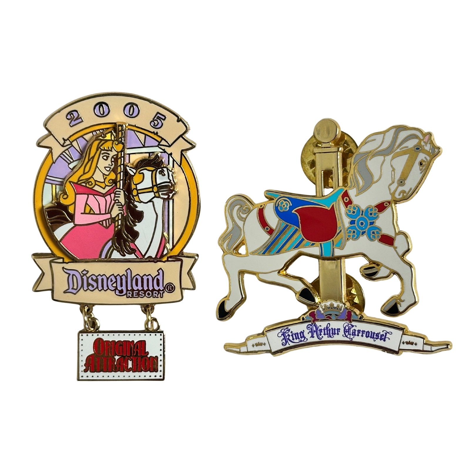 Disney DLR Original Attraction King Arthurs Carousel Aurora Cast Exclusive Pin Lot Of 2: Disney DLR Original Attraction King Arthurs Carousel Aurora Cast Exclusive Pin Lot Of 2. The first pin features Princess Aurora (Sleeping Beauty) is wearing her pink gown. The carousel horse she is ri