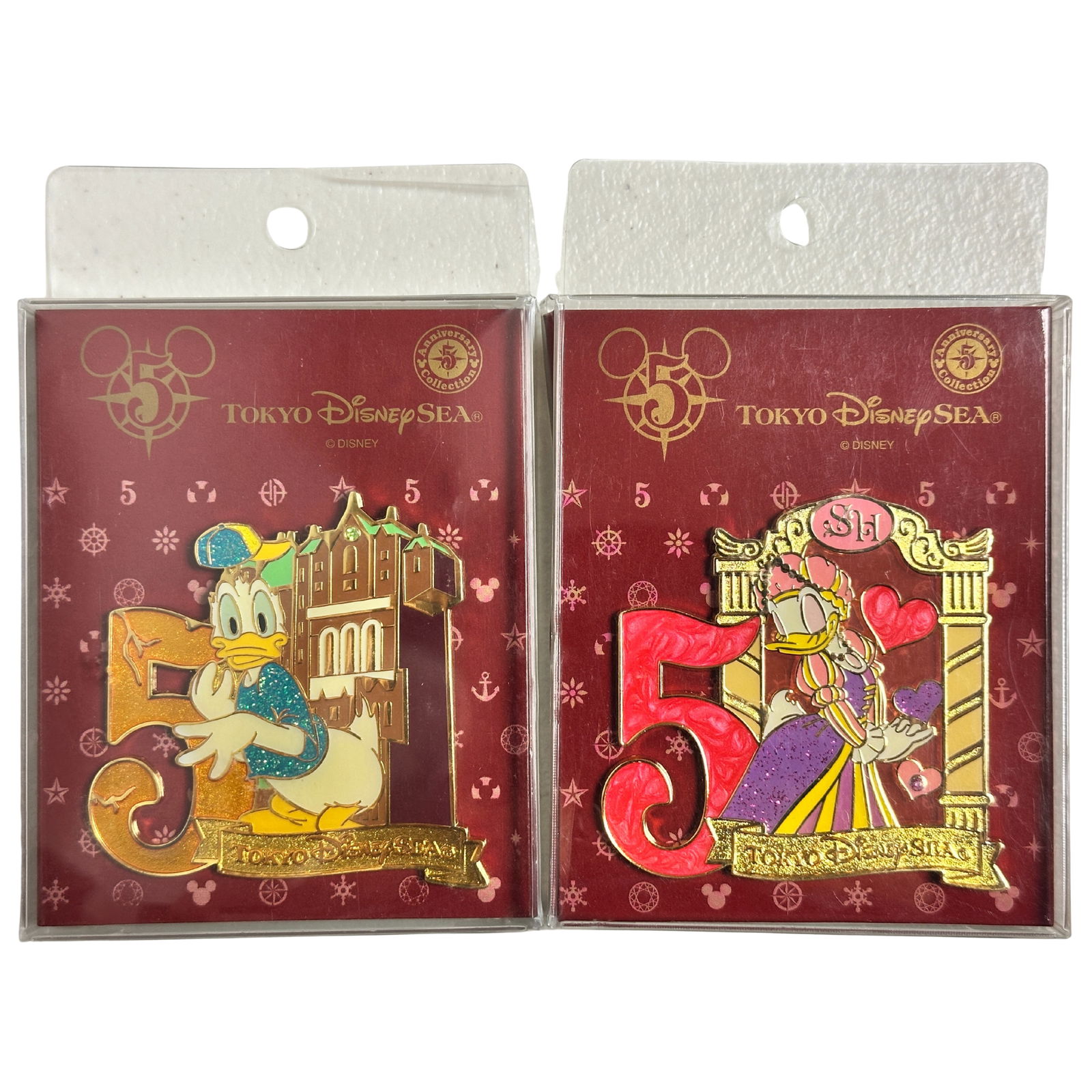 Disney TDS Spring Carnival & Tower Of Terror 5th Anniversary Pin Lot Of 2: Disney TDR Spring Carnival & Tower Of Terror 5th Anniversary Pin Lot Of 2. The first pin features Donald Duck looking scared in front of Tower of Terror. He is wearing a sparkling blue shirt and a blu
