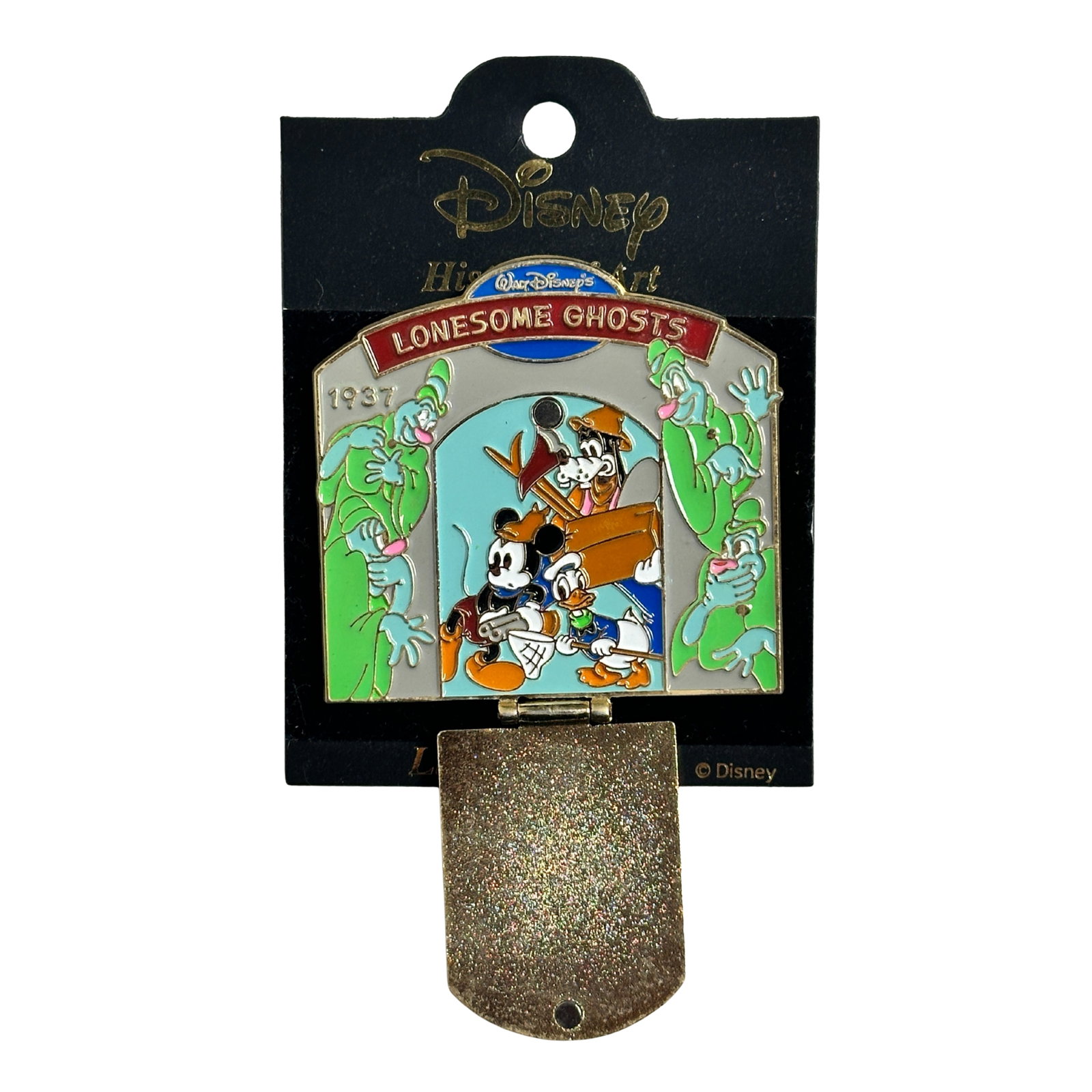 Disney TDR History Of Art Mickey, Donald and Goofy Lonesome Ghosts 1937 Hinged Pin: Disney TDR History Of Art Mickey, Donald and Goofy Lonesome Ghosts 1937 Hinged Pin. This pin is part of the Disney's History of Art pins being released at the Mickey & Pals stores in Japan. It feature