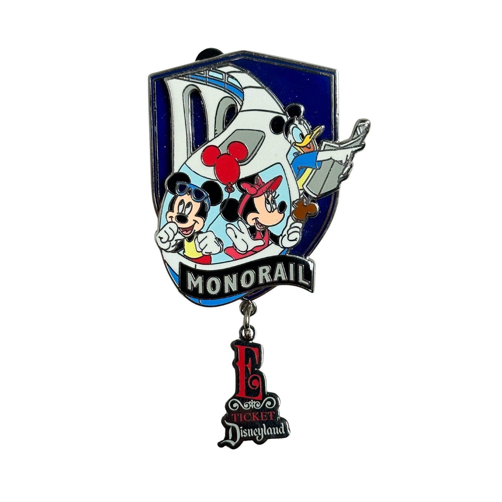 Disney DLR Monorail E Ticket Mickey, Minnie, And Donald Pin: Disney DLR Monorail E Ticket Mickey, Minnie, And Donald Pin. rom the DLR Annual Passholder Series. Mickey and Minnie Mouse along with Donald Duck are seen riding Monorail Blue on the pin-on-pin (3D) p