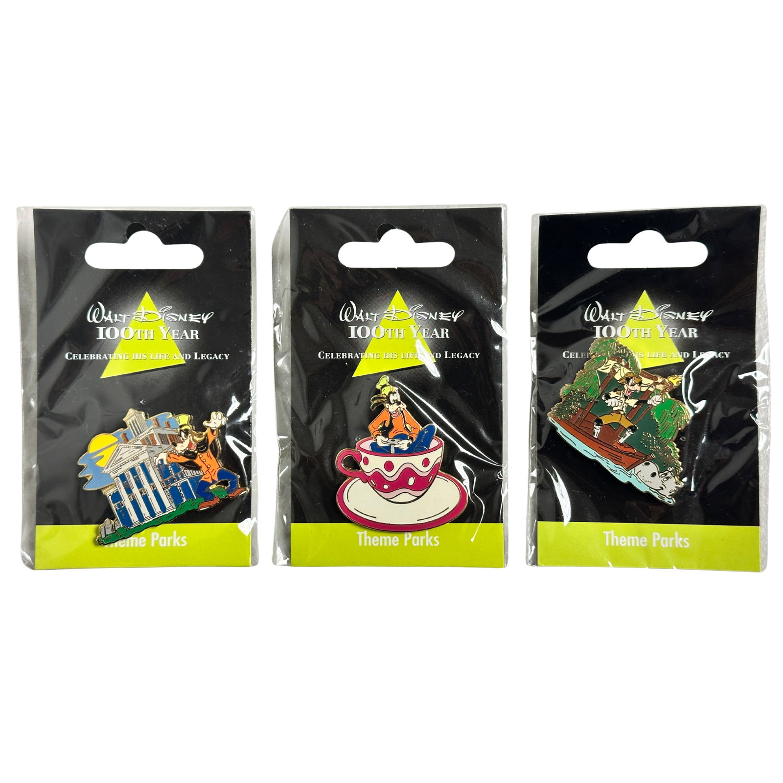 Disney JDS Walt's 100th Year Theme Parks Goofy Pin Lot Of 3: Disney JDS Walt's 100th Year Theme Parks Goofy Pin Lot Of 3. These feature Goofy and the Theme Park category of the Walt Disney 100th Year celebration from Japan DS. The first pin features the Haunted