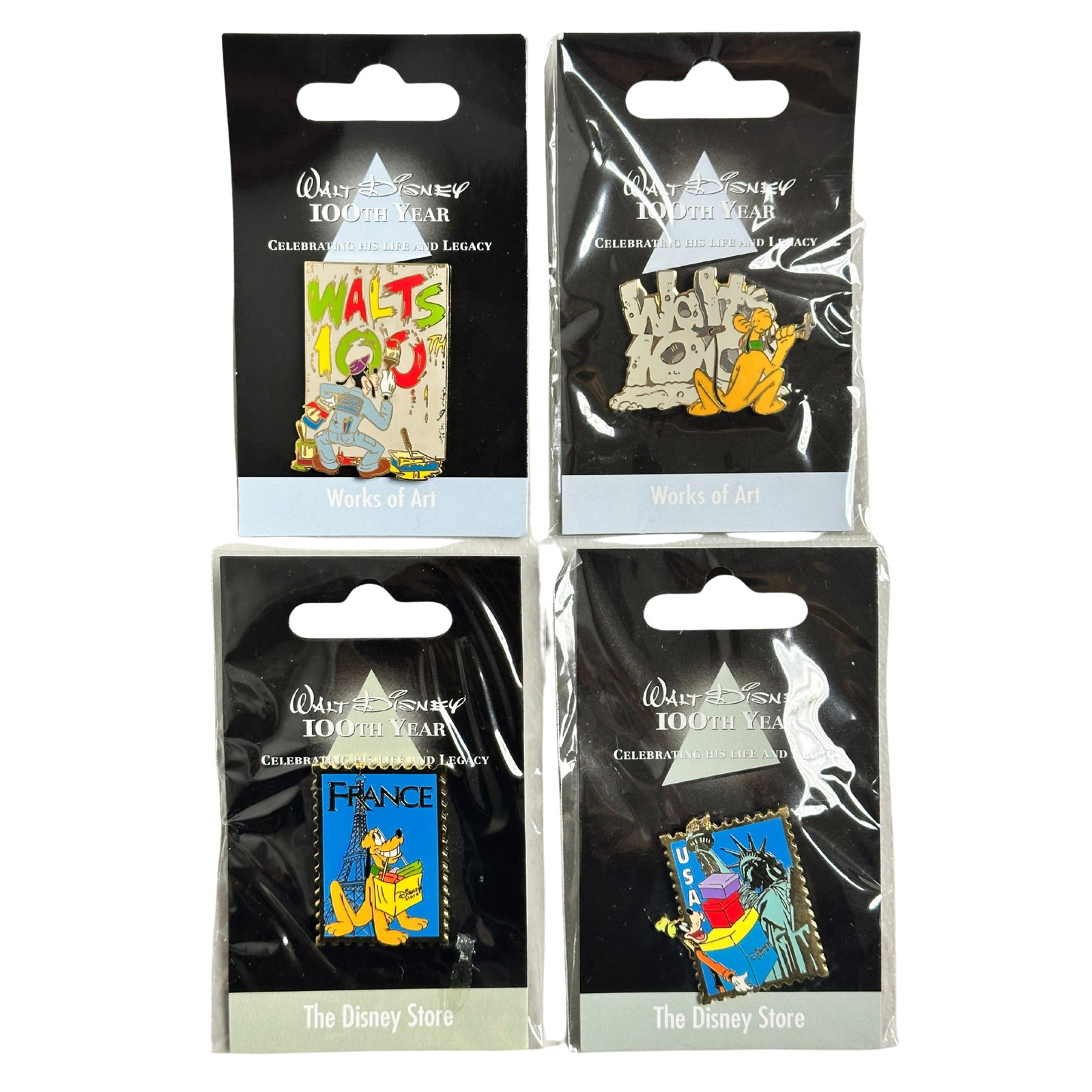 Disney JDS Walt's 100th Year Works Of Art & Disney Store Pin Lot Of 4: DDisney JDS Walt's 100th Year Works Of Art & Disney Store Pin Lot Of 4. These feature the works of art & Disney store category of the Walt Disney 100th Year celebration from Japan DS. These depict Goo
