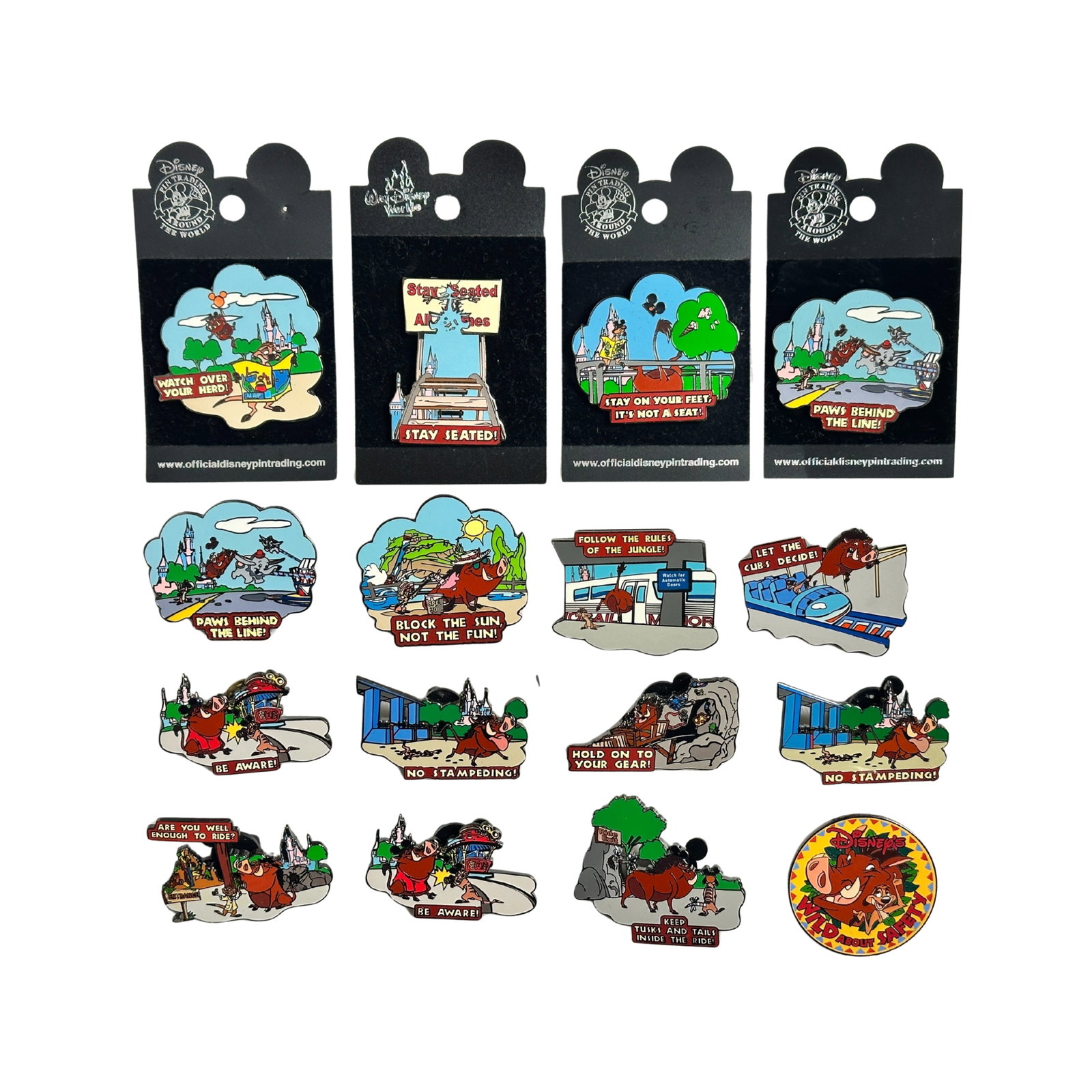 Disney WDW Wild About Safety Timon and Pumbaa Pin Lot Of 16: Disney WDW Wild About Safety Timon and Pumbaa Pin Lot Of 16. Produced as part of the twelve pin set (plus one logo pin) in the Wild About Safety year long campaign in conjunction with Underwriters lab