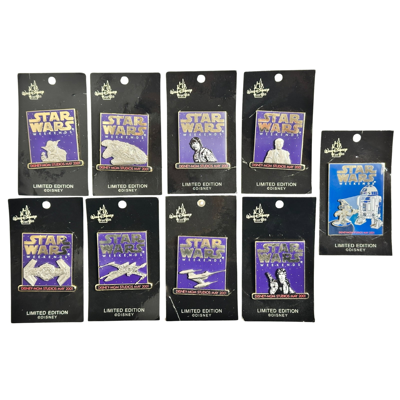 Disney WDW MGM Studios Star Wars Weekends 2001 Pin Lot Of 9: Disney WDW MGM Studios Star Wars Weekends 2001 Pin Lot Of 9. These feature an array of characters and spacecrafts from the star wars movies.*****FREE SHIPPING********SELECT BUYER ARRANGED SHIPPING AT 