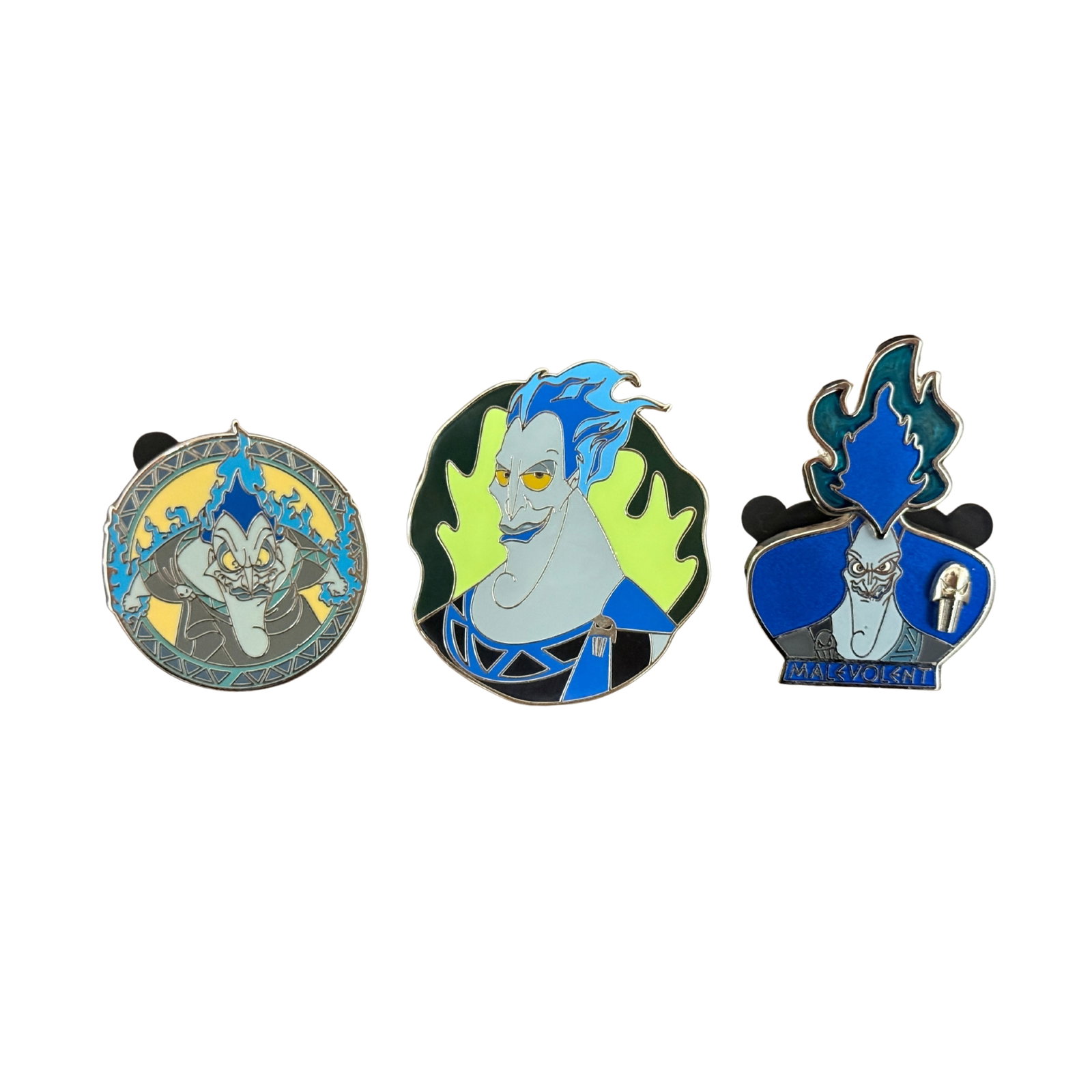 Disney Hercules Hades Assorted Pin Lot Of 3: Disney Hercules Hades Assorted Pin Lot Of 3. Each Pin features a different version of Hades. The first features Hades in a circle frame that has a greek pattern. The second features Him with a smirk/s