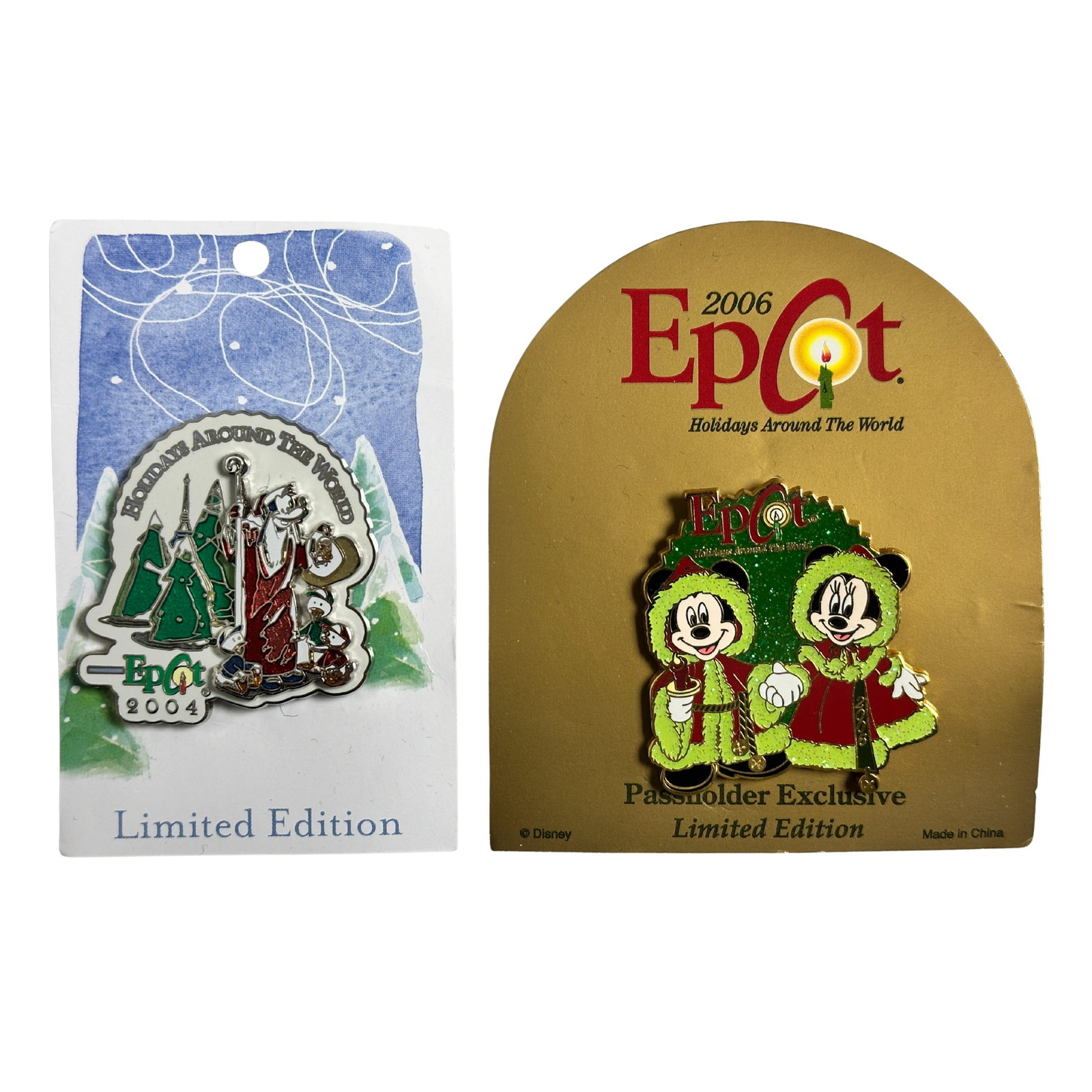 Disney WDW Epcot Holidays Around The World 2004 & 2006 Pin Lot Of 2: Disney WDW Epcot Holidays Around The World 2004 & 2006 Pin Lot Of 2. The first pin features Santa Goofy with Donald's nephews (Huey, Dewey & Louie) gathered at his feet and celebrates Epcot's Holidays