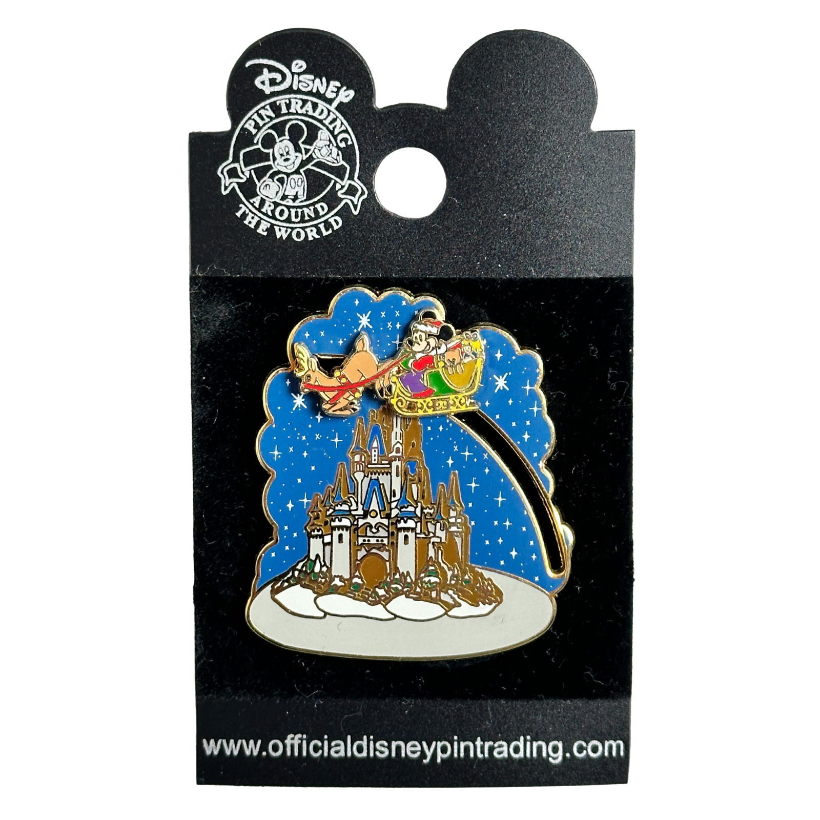 Disney WDW Santa Mickey & Reindeer Snowy Castle Slider Pin: Disney WDW Santa Mickey & Reindeer Snowy Castle Slider Pin. This Open Edition pin with slider features Mickey Mouse dressed as Santa driving a sleigh across the sky in front of Cinderella's castle. Mi