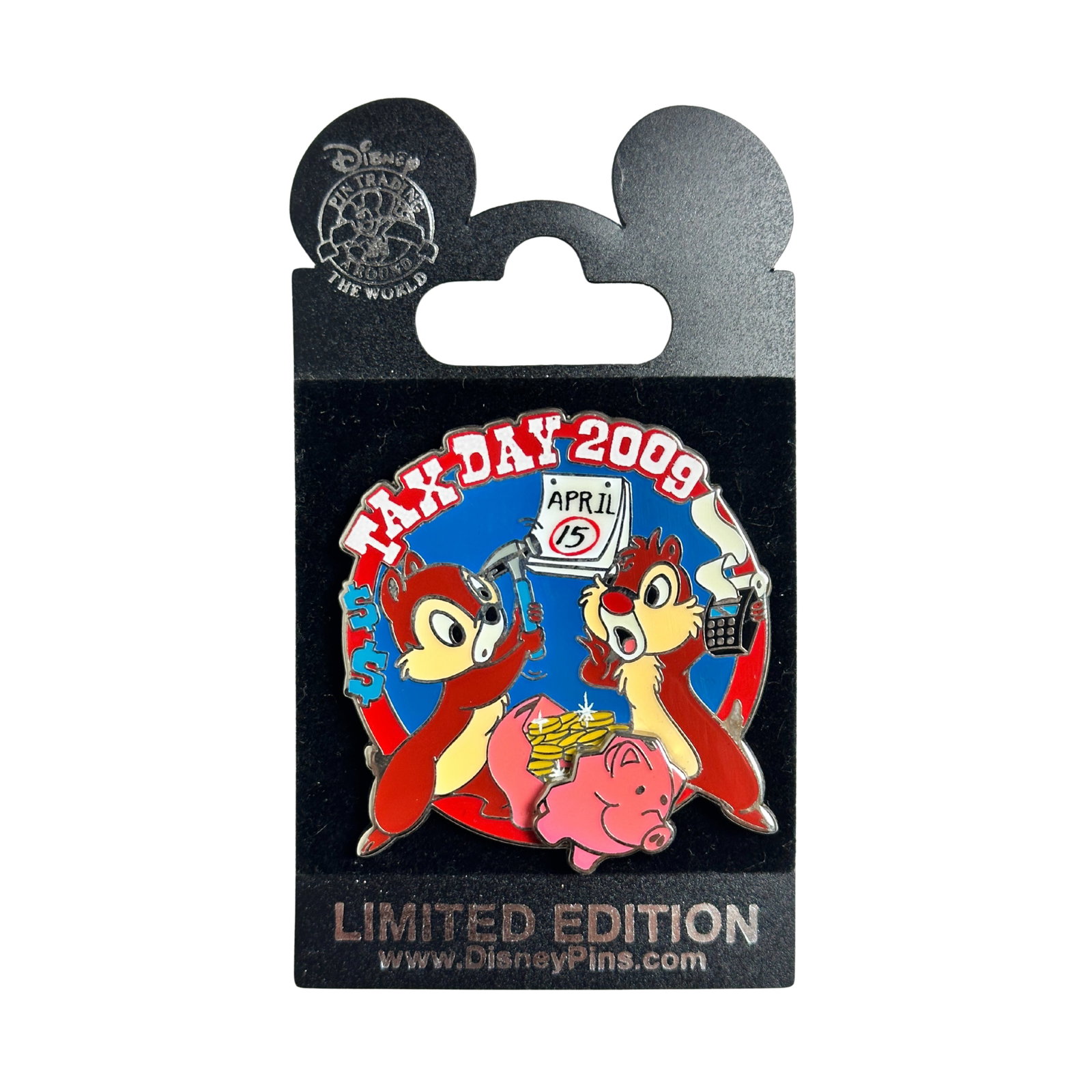Disney WDW Tax Day 2009 Chip & Dale Piggy Bank Pin: Disney WDW Tax Day 2009 Chip & Dale Piggy Bank Pin. Chip and Dale are ready to break their piggy bank in preparation for Tax Day in this Limited Edition pin. The piggy bank is featured as a pin-on-pin