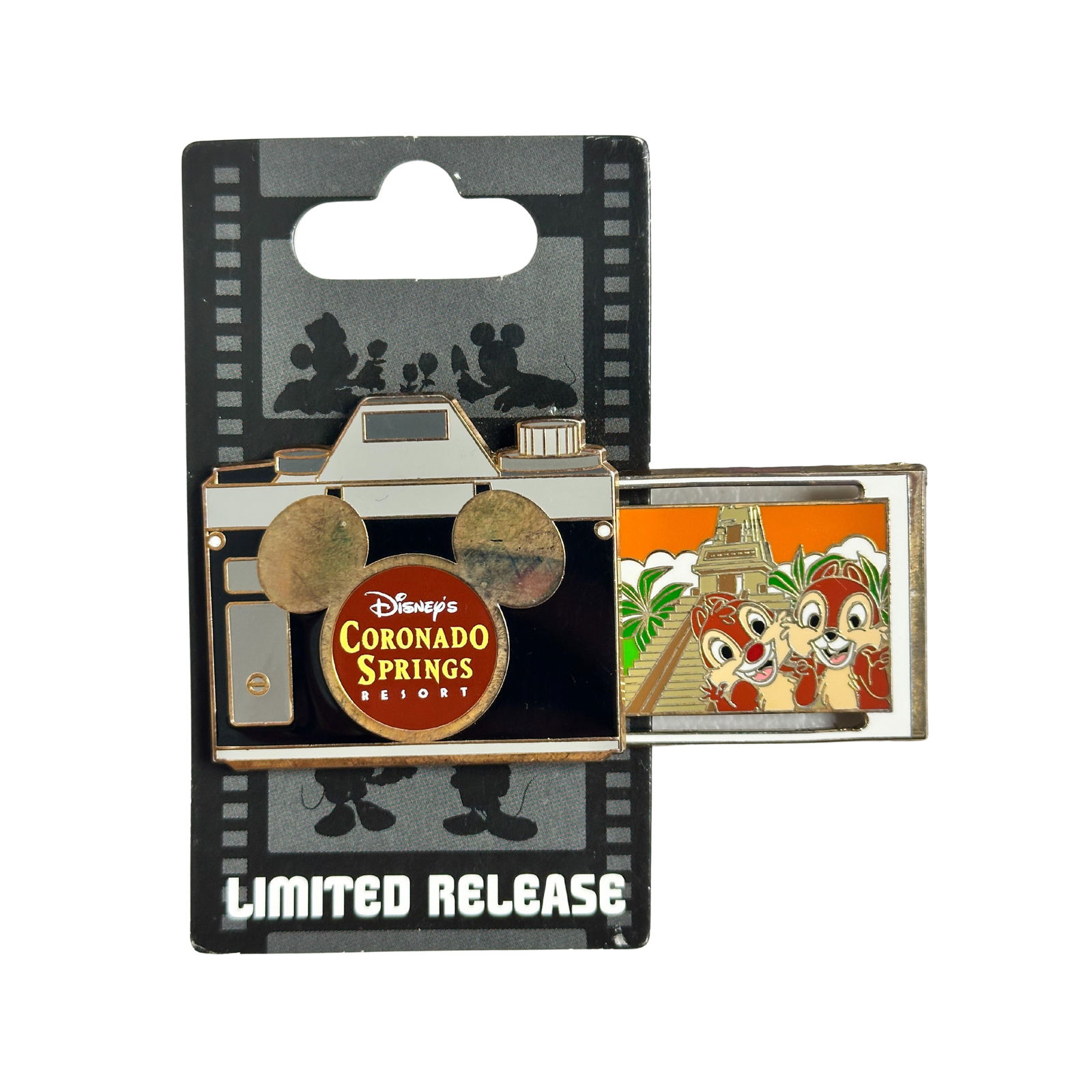 Disney WDW Coronado Springs Resort Chip & Dale Resort Cameras Pin: Disney WDW Coronado Springs Resort Chip & Dale Resort Cameras Pin. This limited release pin collection features pins shaped like cameras with a slider element of a "photo" taken at the various Walt Di
