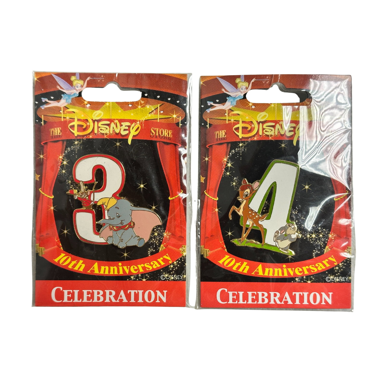 Disney JDS 10th Anniversary Celebration Dumbo 3 & Bambi 4 Pin Lot Of 2: Disney JDS 10th Anniversary Celebration Dumbo 3 & Bambi 4 Pin Lot Of 2. The first pin features Dumbo and Timothy Mouse in front of the number 3. The second features Bambi and Thumper in front of the n