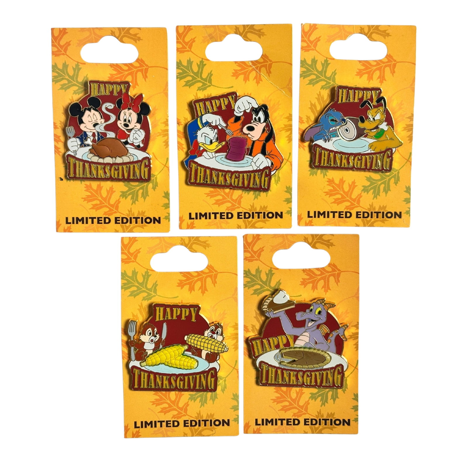 Disney WDW Happy Thanksgiving 2008 Pin Lot Of 5: Disney WDW Happy Thanksgiving 2008 Pin Lot Of 5. Celebrate Thanksgiving 2008 with this Limited Edition pin lot featuring Mickey & Minnie with a turkey, Donald & Goofy with Cranberry sauce, Stitch & Pl