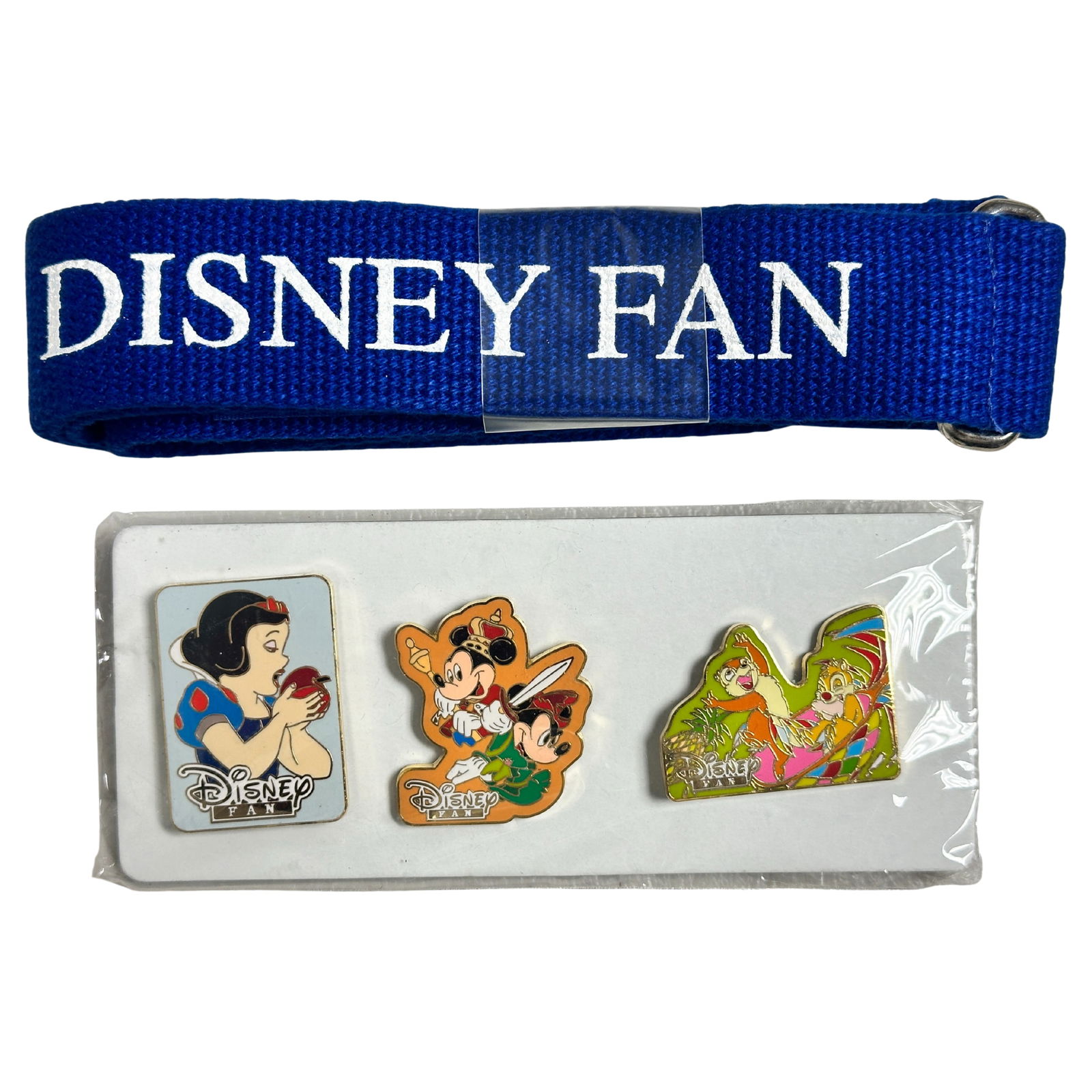 Disney JDS Disney Fan Snow White, Mickey Mouse, Chip & Dale Pin Set Of 3 W/ Lanyard (1 of 2)
