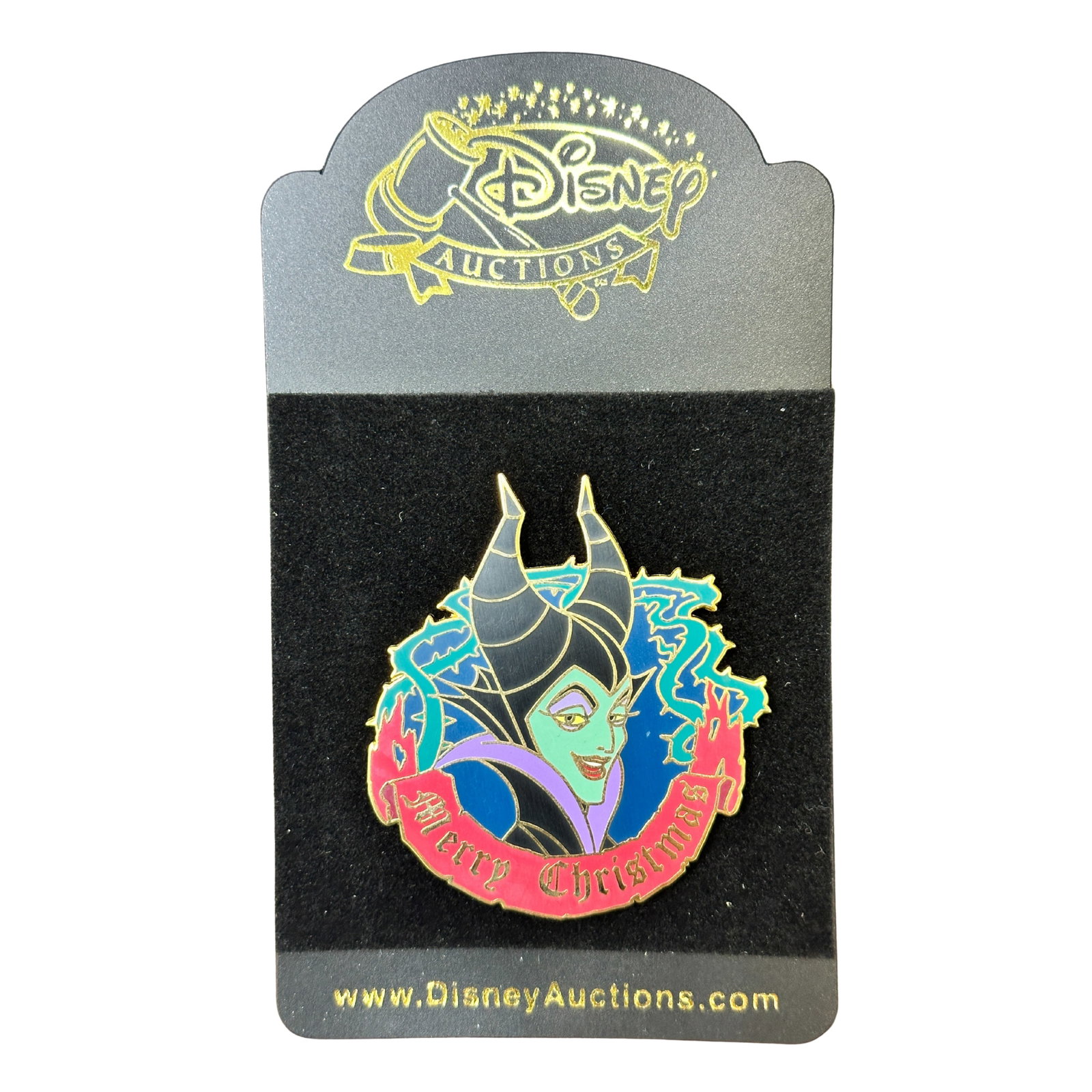 Disney Auctions Snow White Maleficent Merry Christmas Holiday Pin: Disney Auctions Snow White Maleficent Merry Christmas Holiday Pin. The evil fairy Maleficent wishes you a merry Christmas on this gold-finished character pin, a Disney Auctions exclusive in a limited 