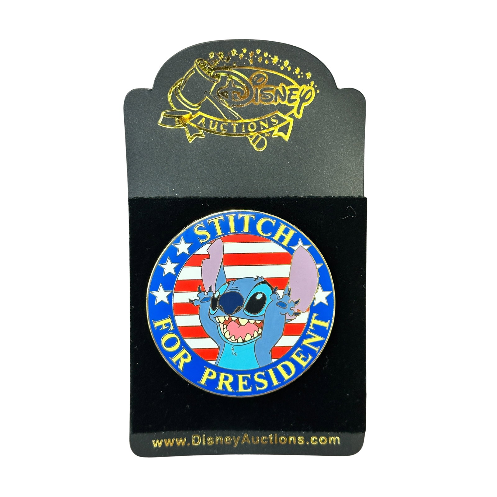 Disney Auctions Stitch For President Pin: Disney Auctions Stitch For President Pin. Stitch is featured on this patriotic gold-finished character pin, a Disney Auctions exclusive in a limited edition of 1,500 fixed-price pins, available only f