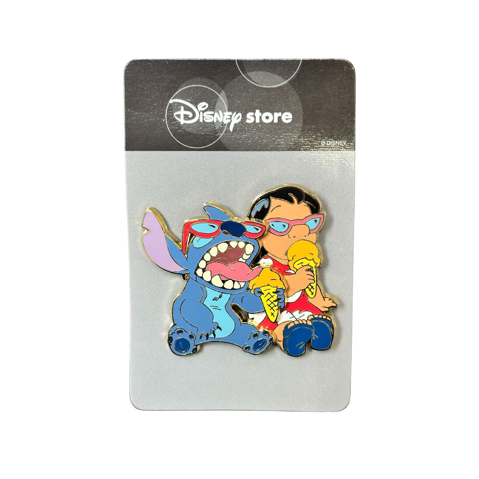Disney JDS Aloha Lilo & Stitch Eating Ice Cream pin: Disney JDS Aloha Lilo & Stitch Eating Ice Cream pin. This pin released from JDS. Lilo and Stitch are wearing red sunglasses and eating orange ice cream.*****FREE SHIPPING********SELECT BUYER ARRANGED