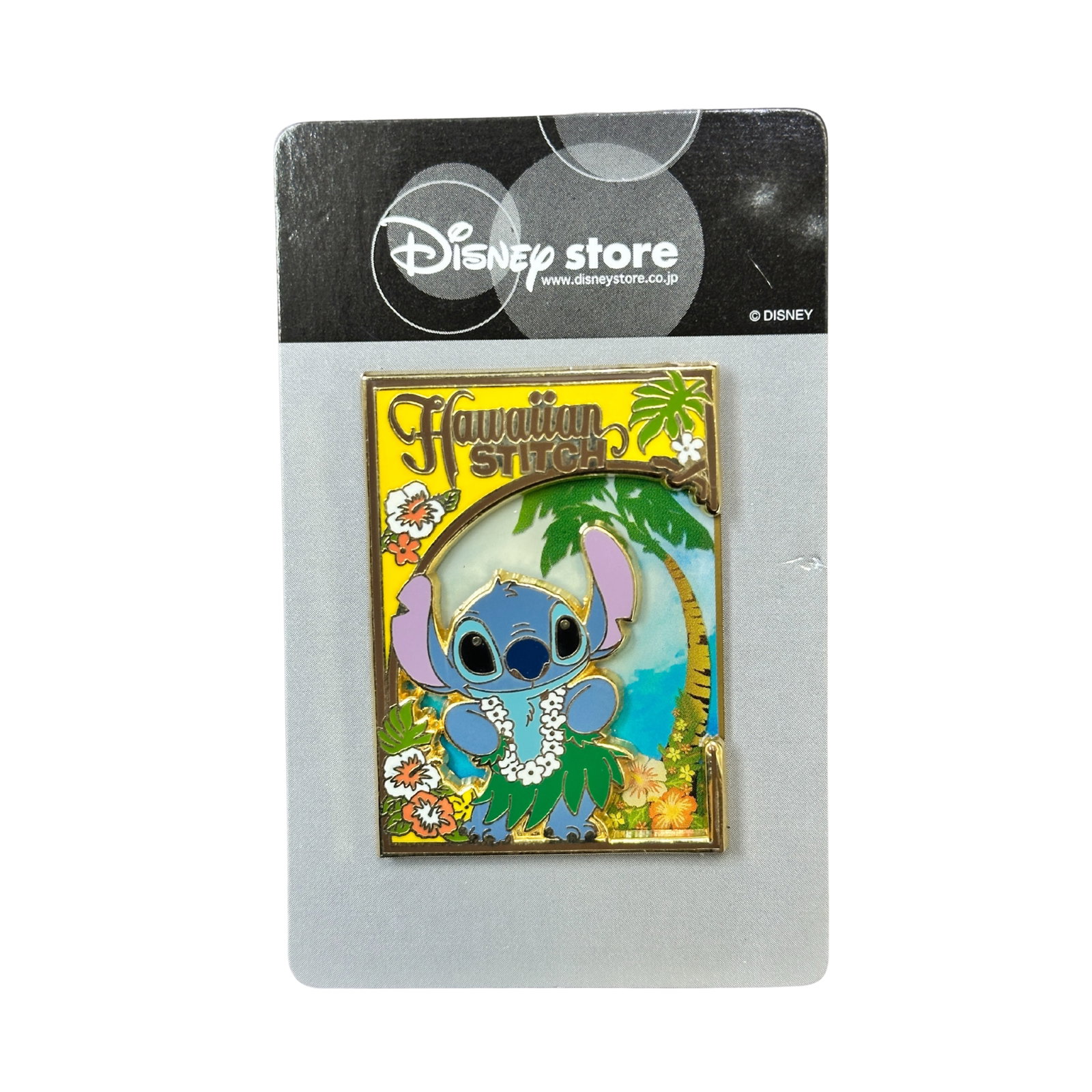Disney JDS Lilo & Stitch "Hawaiin Stitch" Pin: Disney JDS Lilo & Stitch "Hawaiin Stitch" Pin. This pin released from JDS. Rectangular shaped pin. Top portion is yellow with "Hawaiian Stitch" across the top. Stitch appears to be dancing the hula. H