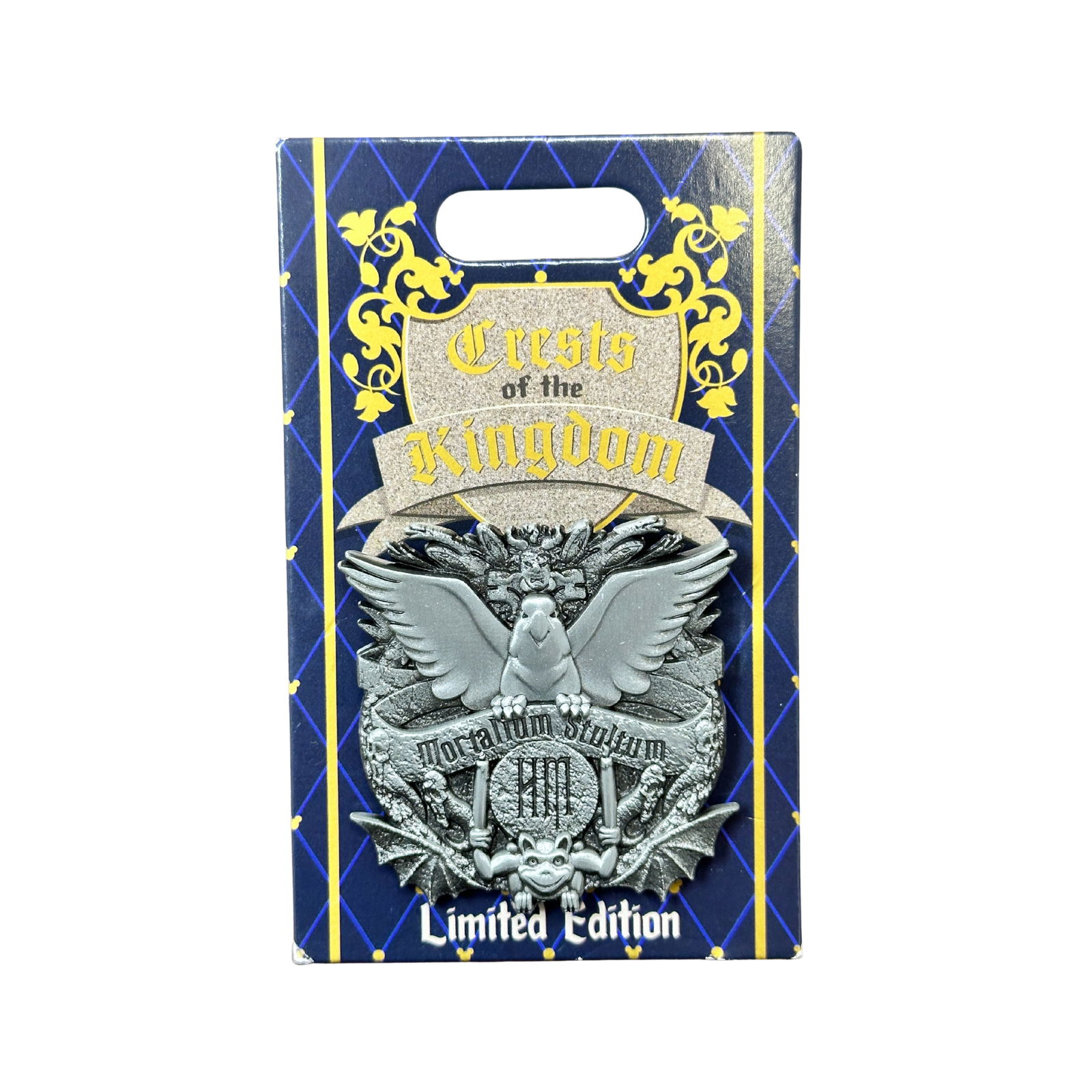 Disney DLR Crests Of The Kingdom Haunted Mansion Hitchhiking Ghosts Pin: Disney DLR Crests Of The Kingdom Haunted Mansion Hitchhiking Ghosts Pin. This pin is a hinged silver metal locket. The outside of the pin features various elements found inside The Haunted Mansion lik