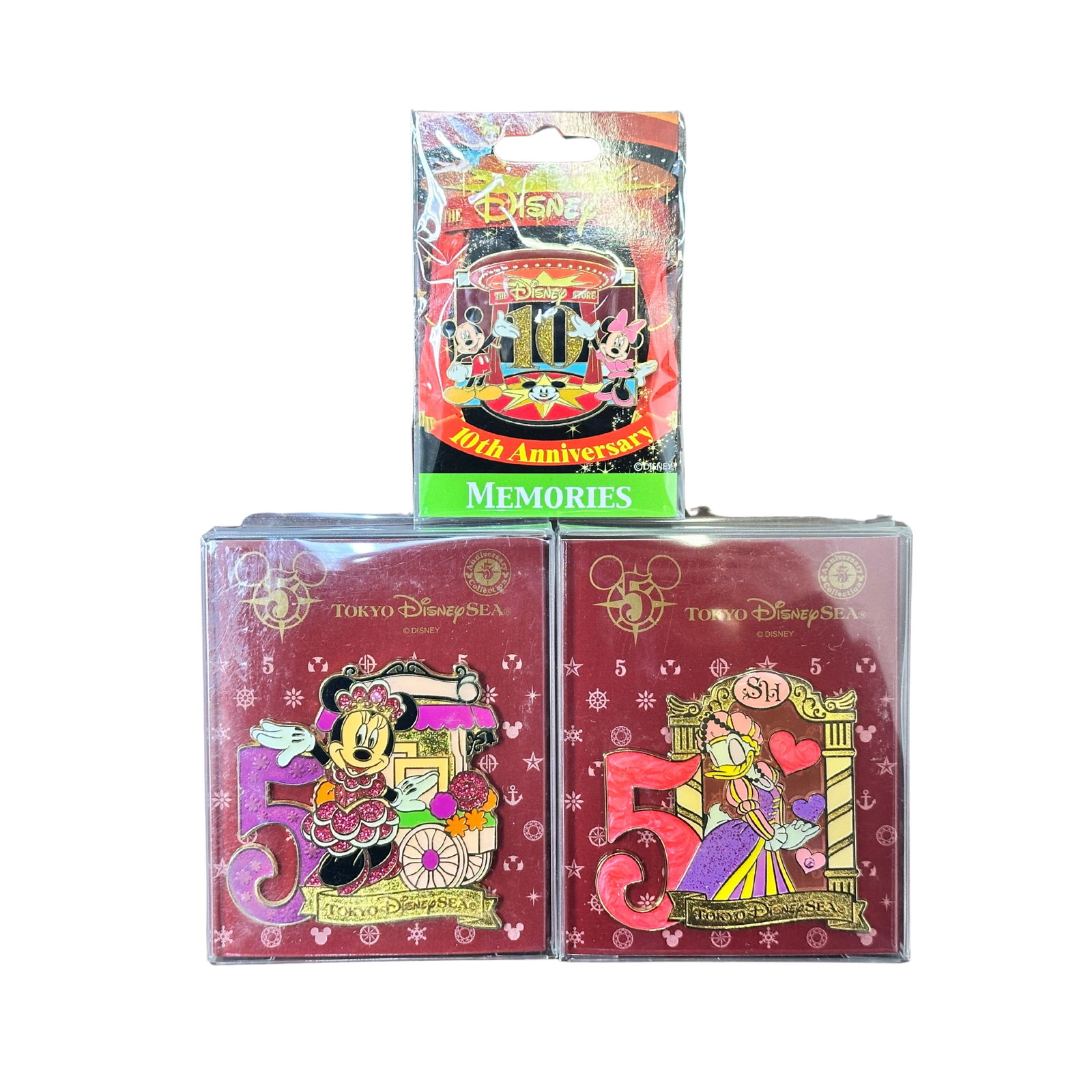 Disney Assorted Anniversary Pin Lot Of 3: Disney Assorted Anniversary Pin Lot Of 3. This lot comes with a 10th Anniversary pin featuring Mickey & Minnie, and two Tokyo Disney Sea 5th anniversary pins featuring Minnie & Daisy.*****FREE SHIPPIN