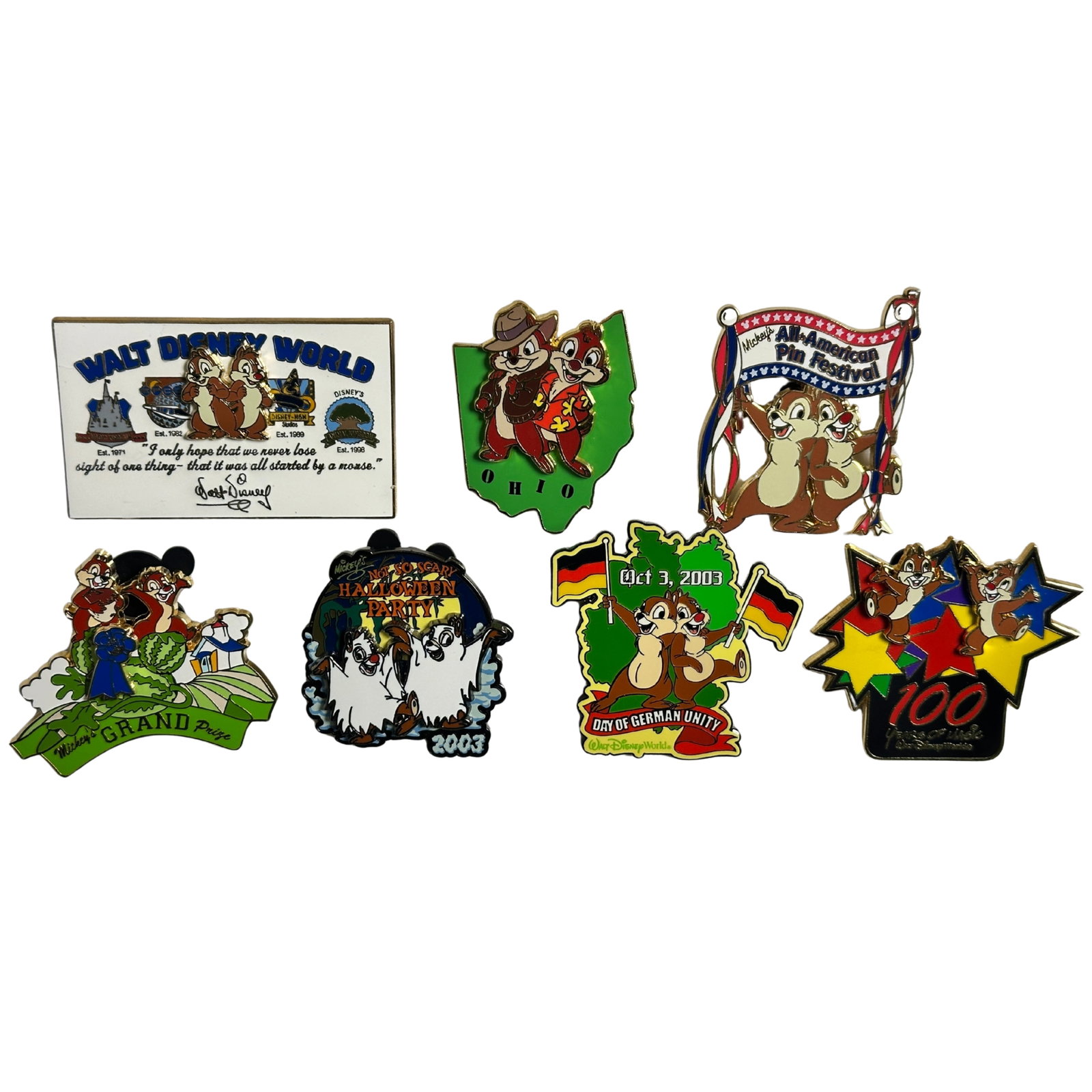 Disney WDW Assorted Chip & Dale Pin Lot Of 7: Disney WDW Assorted Chip & Dale Pin Lot Of 7. These feature Chip and Dale celebrating various different thins such as Mickey's Not So Scary Halloween Party, All American Pin Festival, Ohio, and More. 