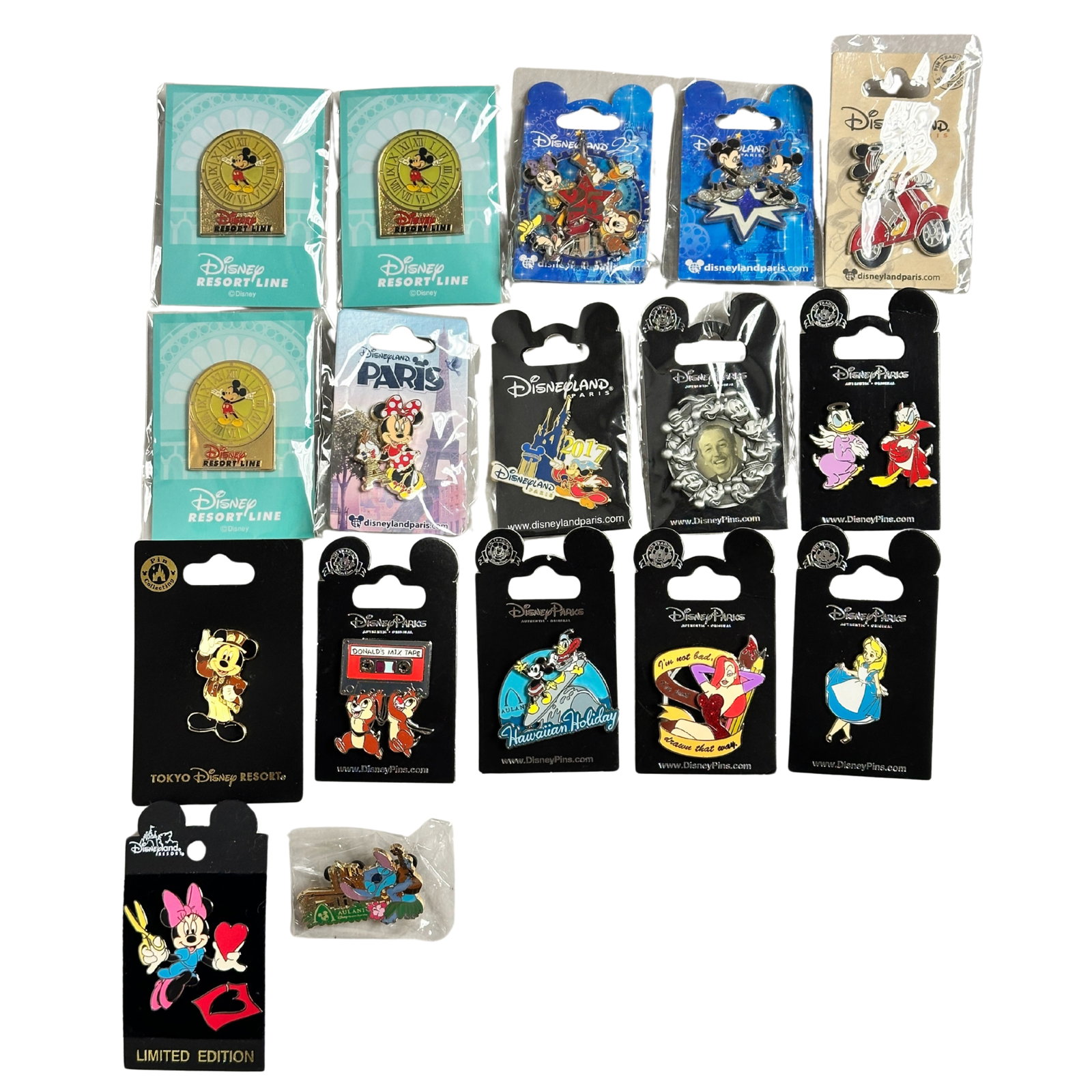 Disney Parks Assorted Pin Lot Of 17: Disney Parks Assorted Pin Lot Of 17. These feature Minnie, Mickey, Alice, Donald, Daisy, and more.*****FREE SHIPPING********SELECT BUYER ARRANGED SHIPPING AT CHECKOUT*****