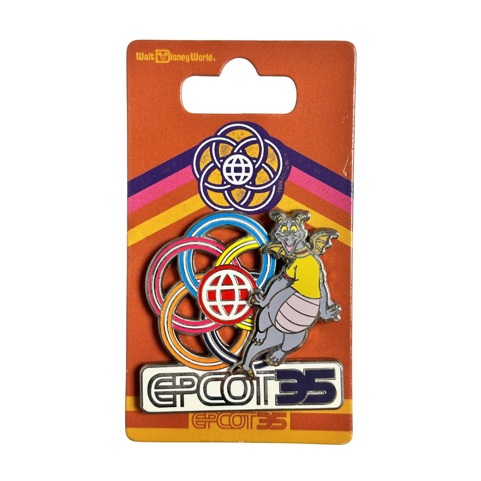 Disney WDW Epcot 35th Anniversary Figment Pin: Disney WDW Epcot 35th Anniversary Figment Pin. Pin was released to commemorate the 35th Anniversary of Epcot in 2017. This pin depicts Figment (pin on pin) in his yellow shirt and the multi-color Epco