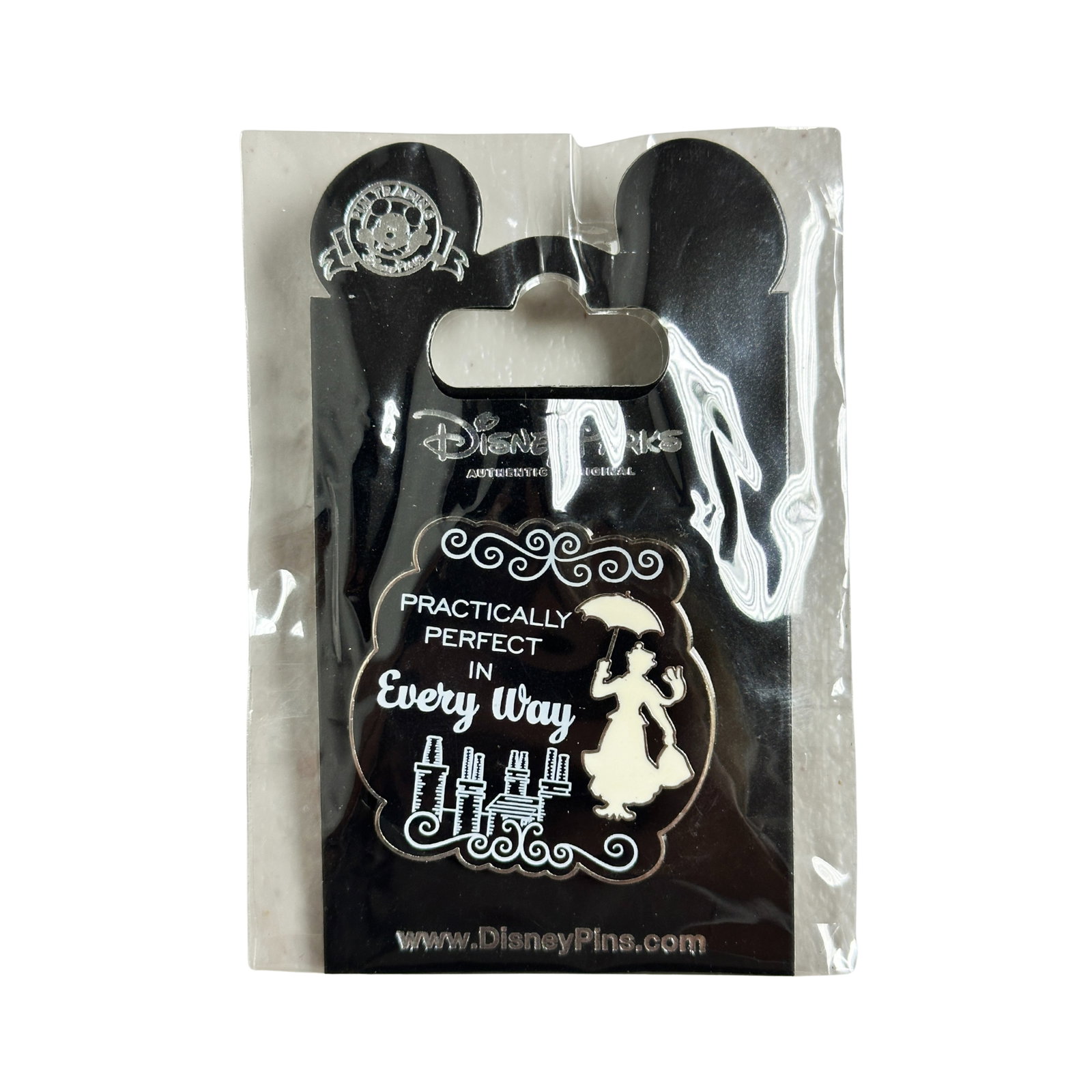 Disney Parks Mary Poppins Practically Perfect In Every Way Pin: Disney Parks Mary Poppins Practically Perfect In Every Way Pin. Practically Perfect in Every Way is an Open Edition pin from the Mary Poppins pin series. This features a white silhouette of Mary Poppi