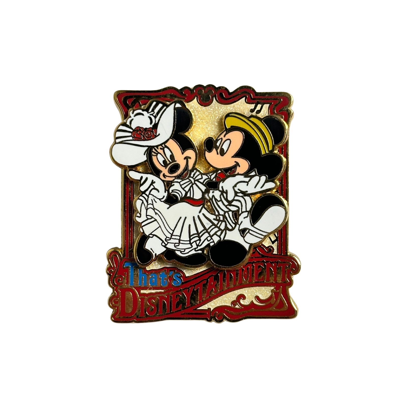 Disney TDR Mickey & Minnie "That's Disneytainment" Pin: Disney TDR Mickey & Minnie "That's Disneytainment" Pin. This open stock pin was sold with the new special event. "That's DISNEYTAINMENT" of Tokyo Disney Sea. Mickey and Minnie wear the costume of the 