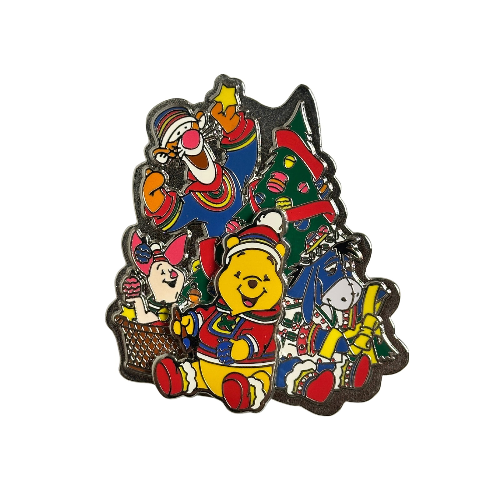 Disney TDR Winnie The Pooh & Friends Christmas 2003 Holiday Pin: Disney TDR Winnie The Pooh & Friends Christmas 2003 Holiday Pin. This pin on pin design is offered at Tokyo DisneyLand and Tokyo DisneySea. Winnie the Pooh is 3D and slides up and down. Surrounding Po
