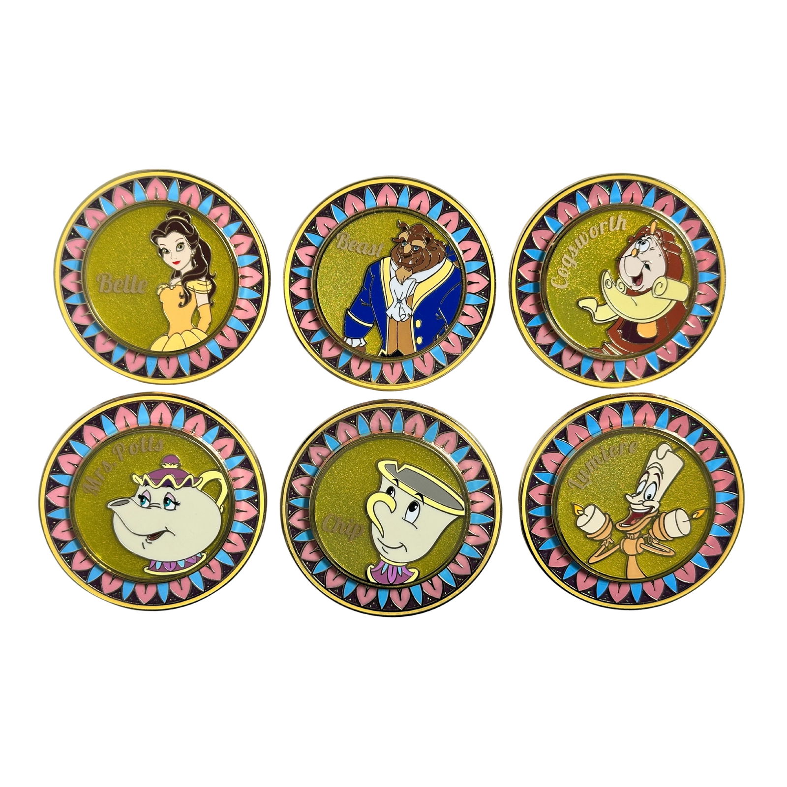 Disney Boxlunch Beauty and the Beast Dining Plates Mystery Pin Set Of 6: Disney Boxlunch Beauty and the Beast Dining Plates Mystery Pin Set Of 6. six BEAUTY & THE BEAST DINNER PLATES mystery pins released in March 2025 as a BoxLunch exclusive. Each box contained one random