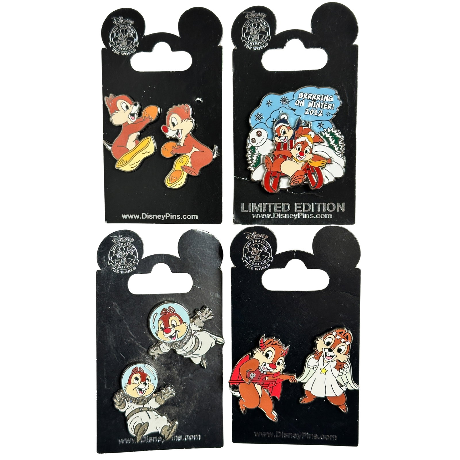 Disney WDW Chip & Dale Assorted Pin Lot Of 7: Disney WDW Chip & Dale Assorted Pin Lot Of 7. These feature Chip and Dale each with a peanut, them dress as astronauts, a devil and an angel. One pin also features them sledding.*****FREE SHIPPING****
