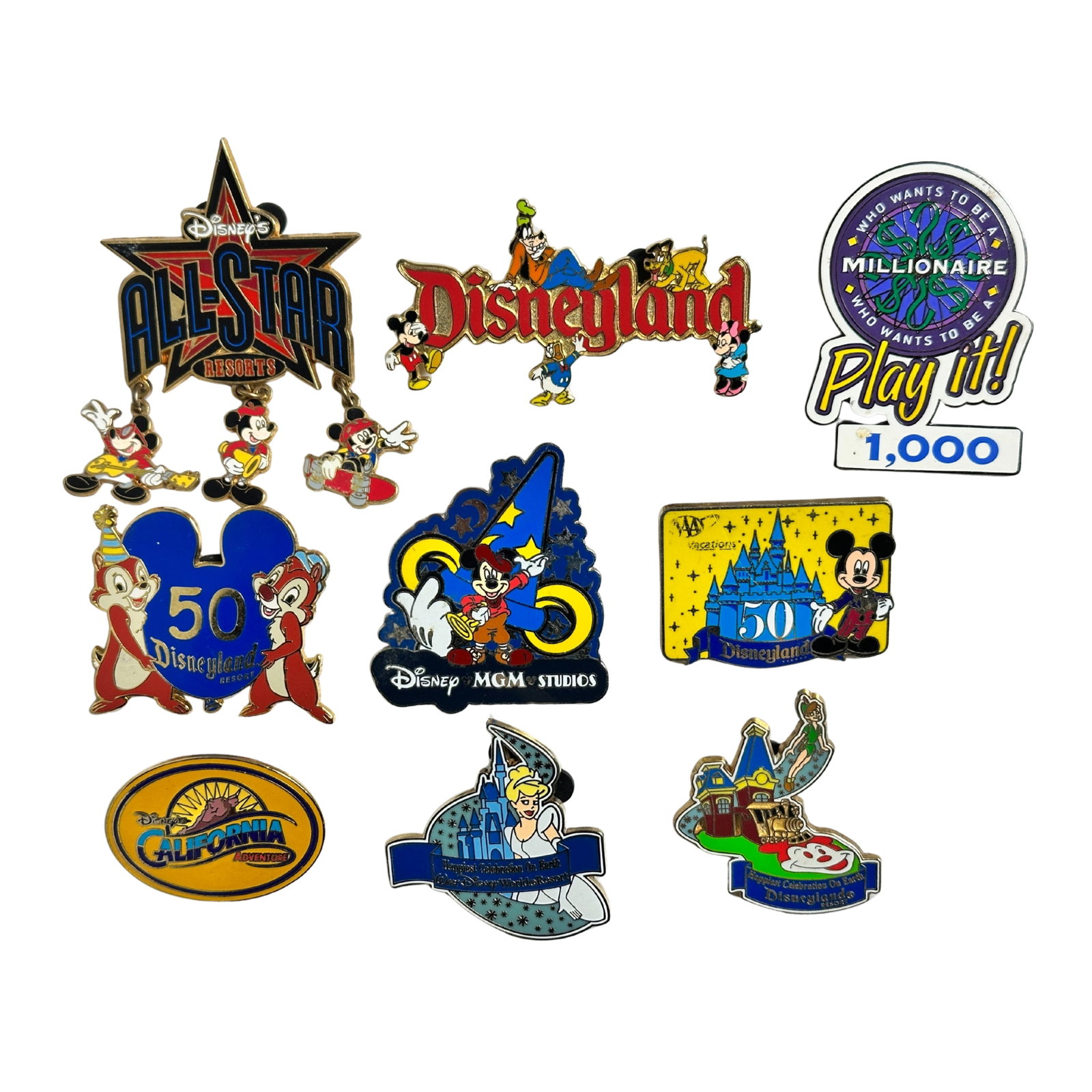 Disney DLR Disneyland Assorted Pin Lot Of 9: Disney DLR Disneyland Assorted Pin Lot Of 9. These feature Mickey, Cinderella, Chip, Dale, MGM Studios, California Adventure and more.*****FREE SHIPPING********SELECT BUYER ARRANGED SHIPPING AT CHECKO