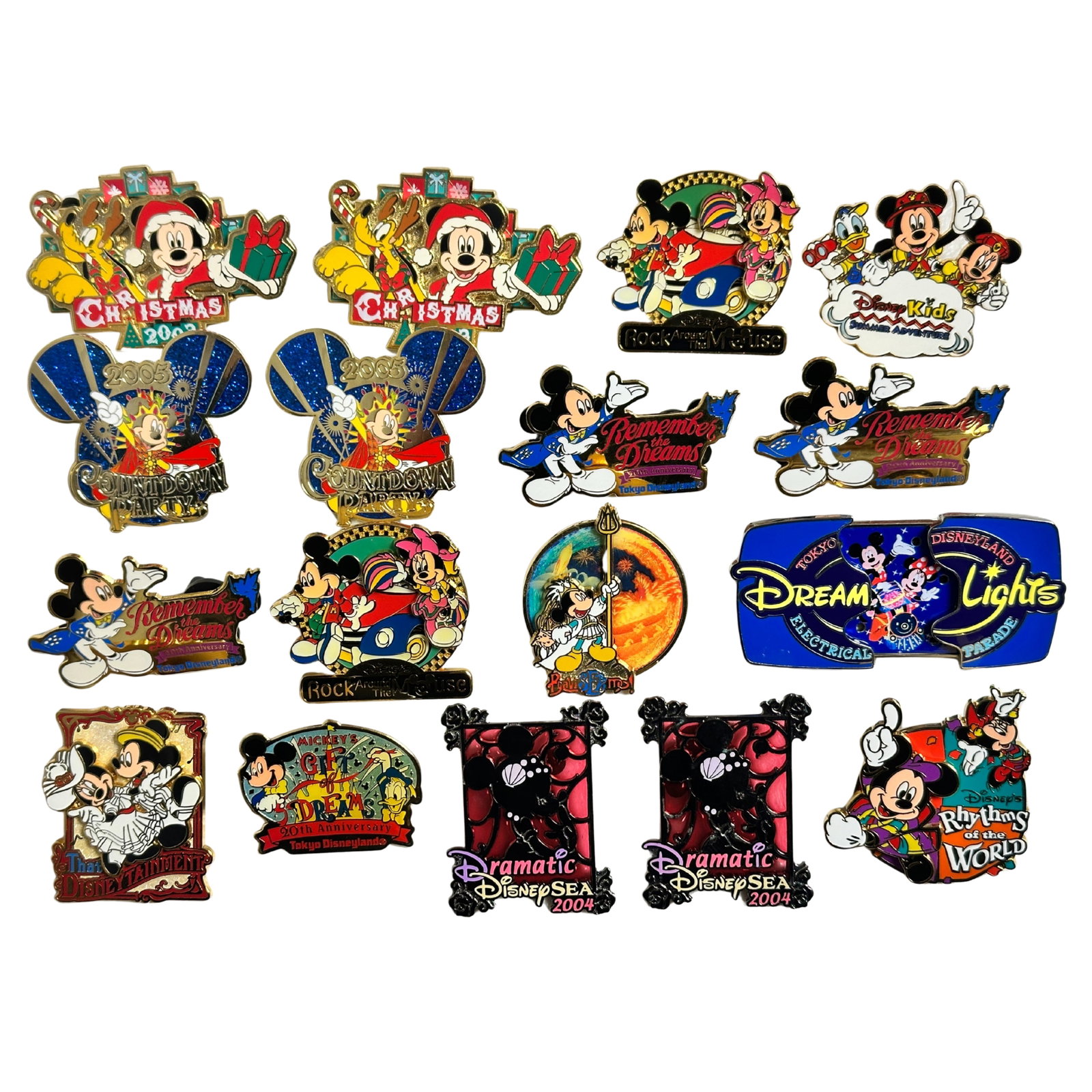 Disney TDR Assorted Celebration Pin Lot Of 17: Disney TDR Assorted Celebration Pin Lot Of 17. These feature Mickey, Minnie, Donald, Pluto, Christmas, Rhythms Of The World, 20th Anniversary, and more.*****FREE SHIPPING********SELECT BUYER ARRANGED 