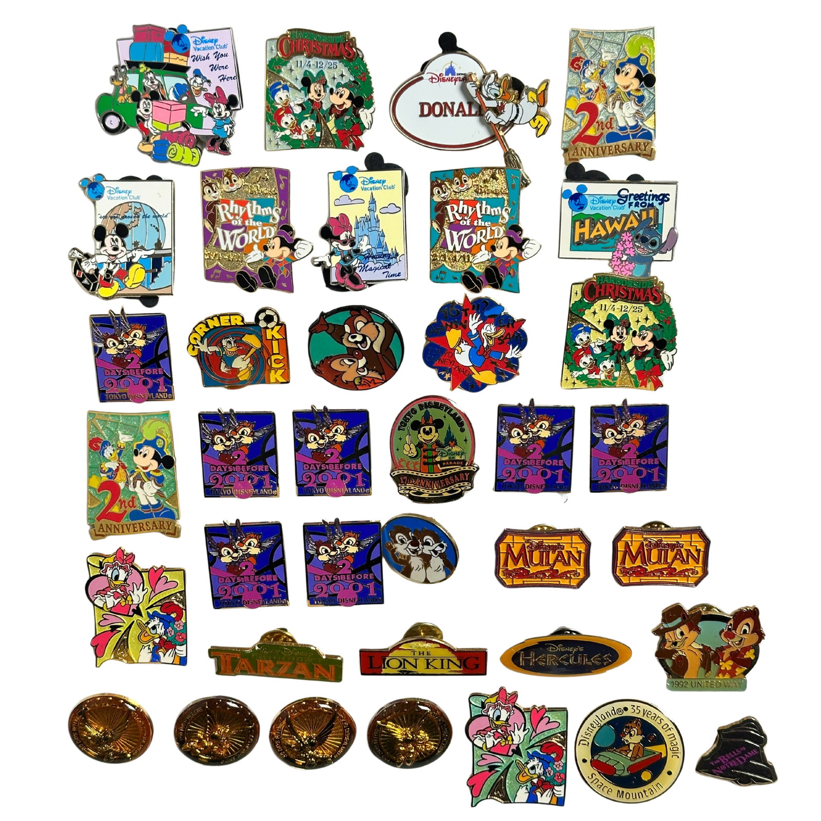 Disney TDR Assorted Pin Lot Of 37: Disney TDR Assorted Pin Lot Of 37. These feature Chip, Dale, Donald, Daisy, Mickey, Rhythms Of The World, Christmas, 2nd Anniversary, and more.*****FREE SHIPPING********SELECT BUYER ARRANGED SHIPPING 