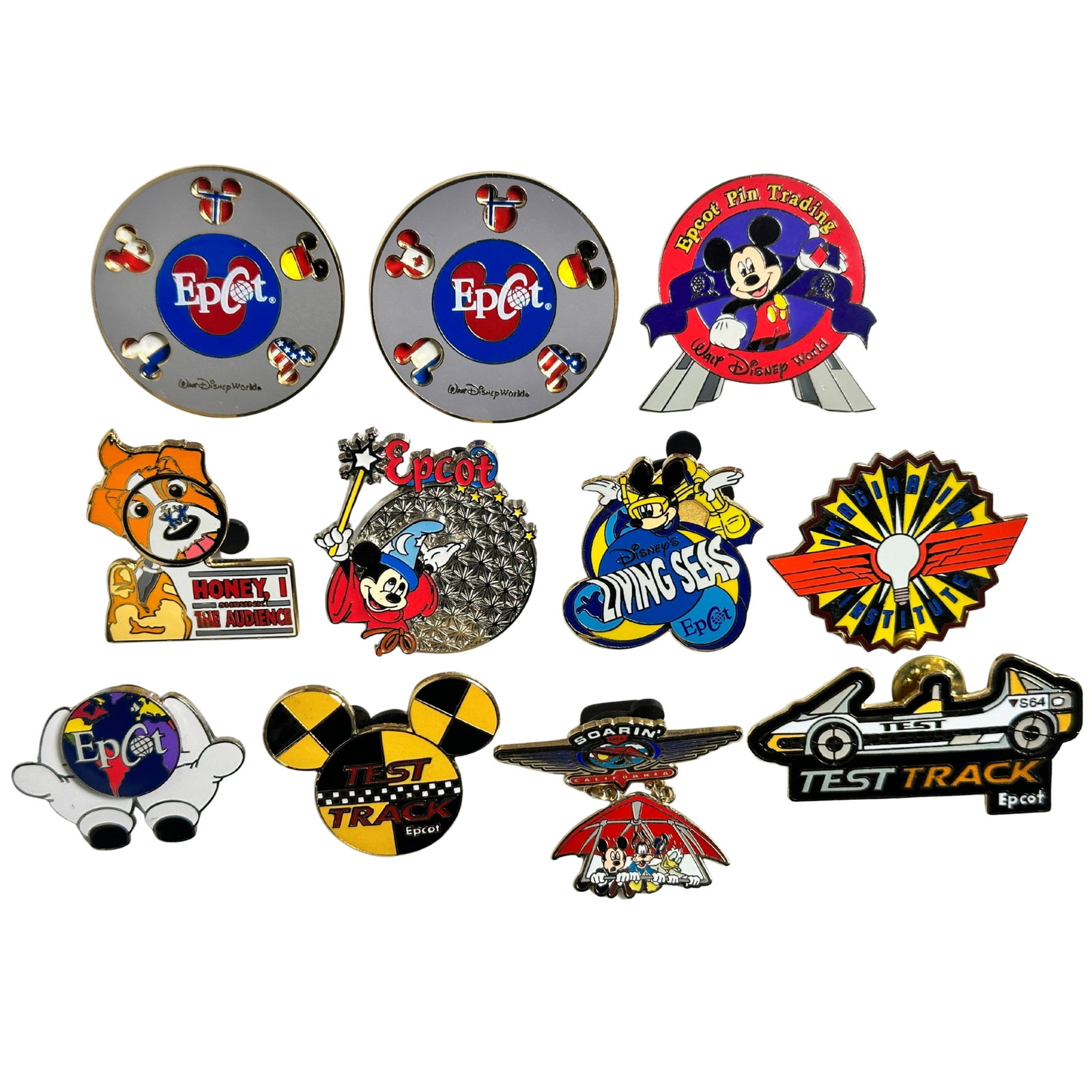 Disney WDW Assorted Epcot Pin Lot Of 11: Disney WDW Assorted Epcot Pin Lot Of 11. These feature Mickey, Sorcerer Mickey, Test Track, Soarin, Living Seas, and more.*****FREE SHIPPING********SELECT BUYER ARRANGED SHIPPING AT CHECKOUT*****