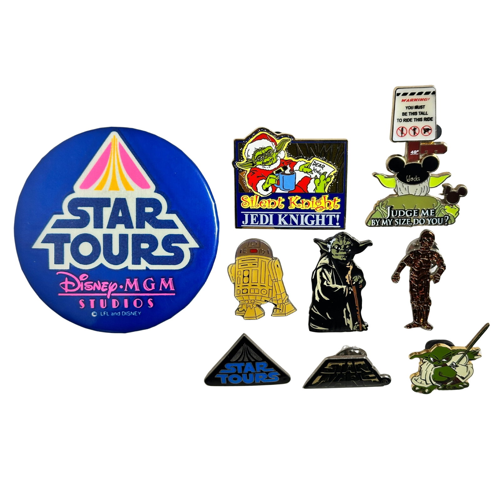 Disney WDW Assorted Star Wars Star Tours Pin Lot Of 9: Disney WDW Assorted Star Wars Star Tours Pin Lot Of 9. These pins feature, Yoda, R2D2, and C-3PO. *****FREE SHIPPING********SELECT BUYER ARRANGED SHIPPING AT CHECKOUT*****