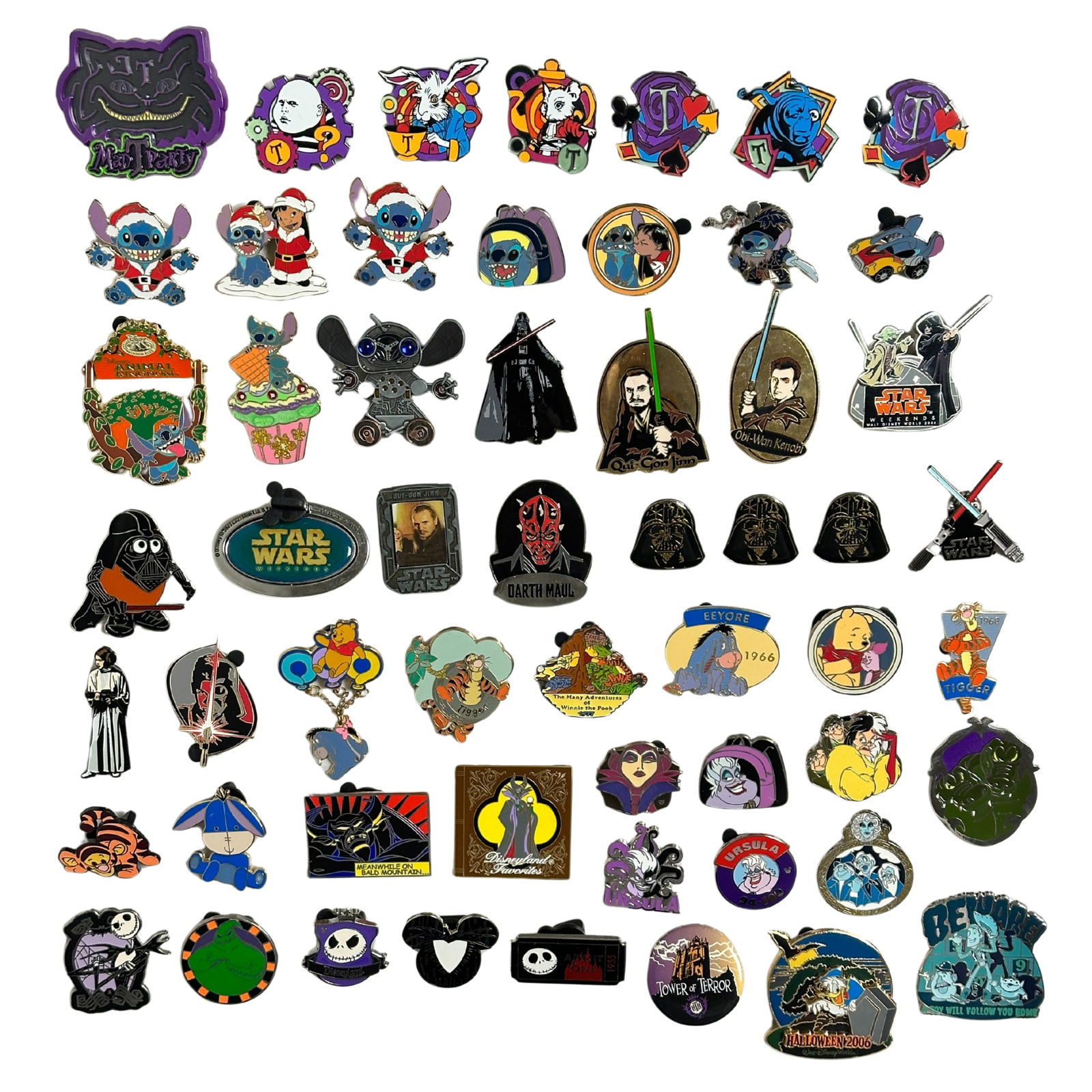 Disney WDW Assorted Villains, Stitch, Star Wars, Pooh, and Alice In Wonderland Pin Lot Of 56 (1 of 2)