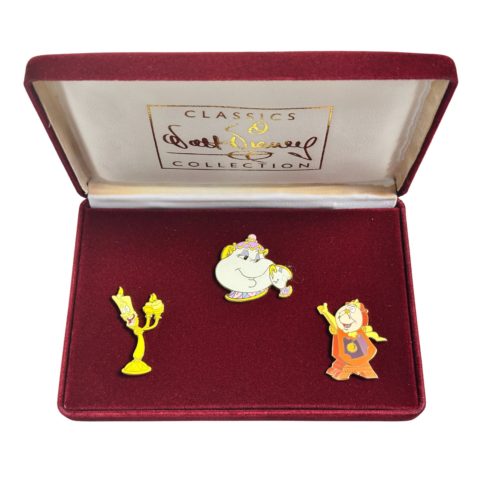 Disney WDCC Beauty & The Beast Lumière, Mrs. Potts, Cogsworth Boxed Pin Set Of 3: Disney WDCC Beauty & The Beast Lumière, Mrs. Potts, Cogsworth Boxed Pin Set Of 3. These pins feature Lumière, Mrs. Potts with son Chip, and Cogsworth, displayed in a faux velvet case*****FREE SHIPPI