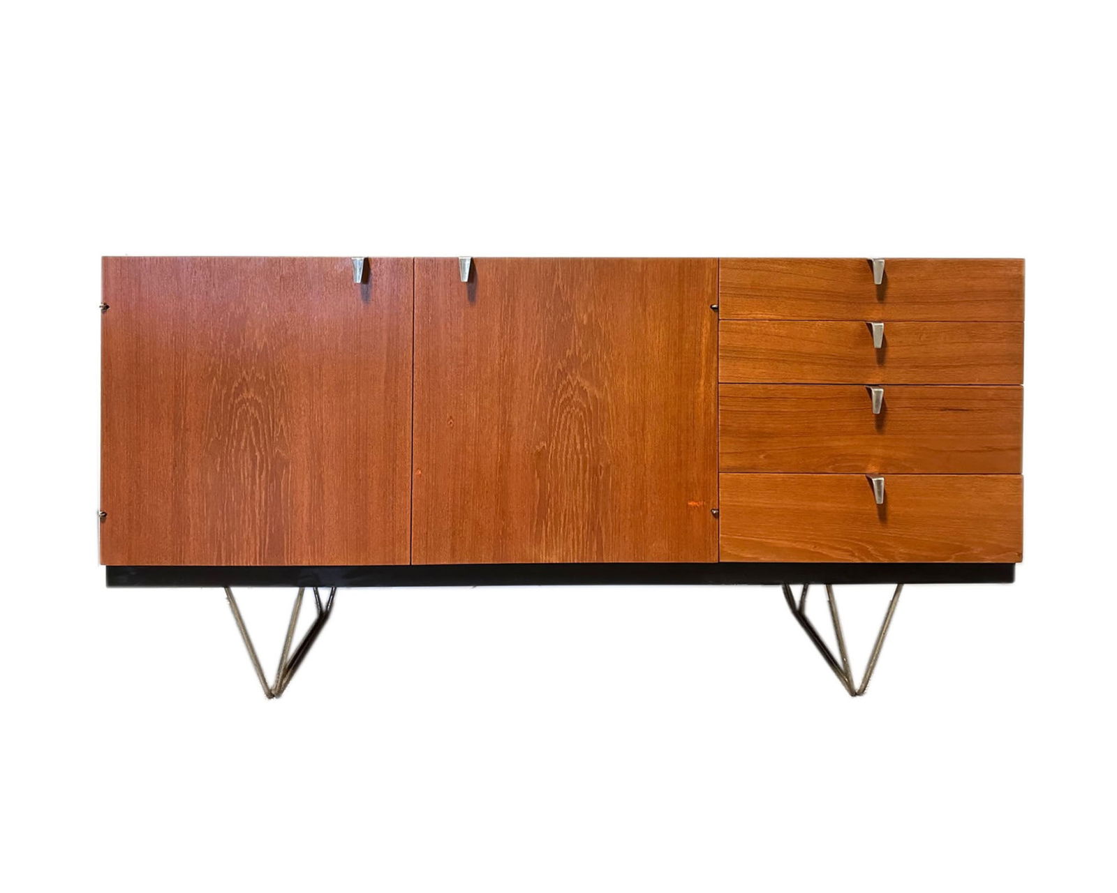 John Sylvia Reid Stag Furniture Teak Credenza Cabinet: 1959 Mid Century Modern teak cabinet or credenza designed by John and Sylvia Reid for Stag Furniture. Made in the United Kingdom. Metal "Stag Furniture" manufacturer's label is atta