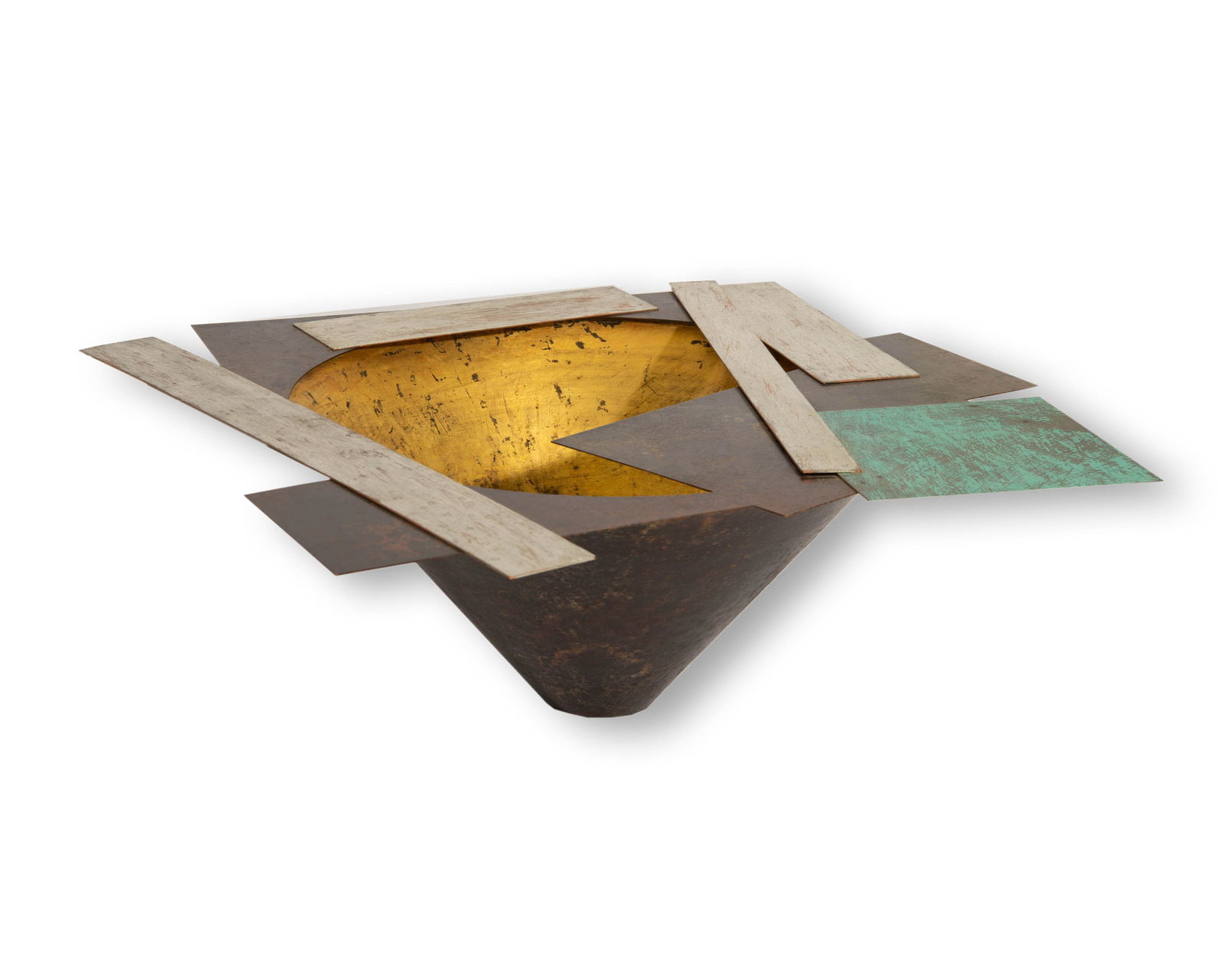 Helen Shirk 1984 "On the Edge-Boundary?? Vessel: Copper and brass Postmodern vessel by metalsmith Helen Shirk (American; b. 1942). This 1984 work titled On the Edge - Boundary makes use of techniques such as gold leafing and soldering. The