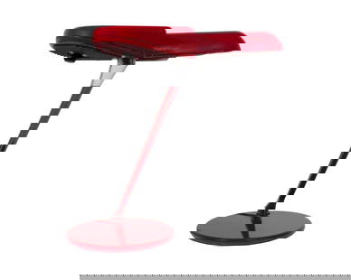 Bruno Gecchelin Arteluce “Ring" Desk Lamp: Italian Arteluce "Ring" A400 red desk lamp designed by Bruno Gecchelin (Italian; b. 1939). Marked near switch "Arteluce Ring A400 Design Registered Made in Italy.?Bruno Gecchelin w