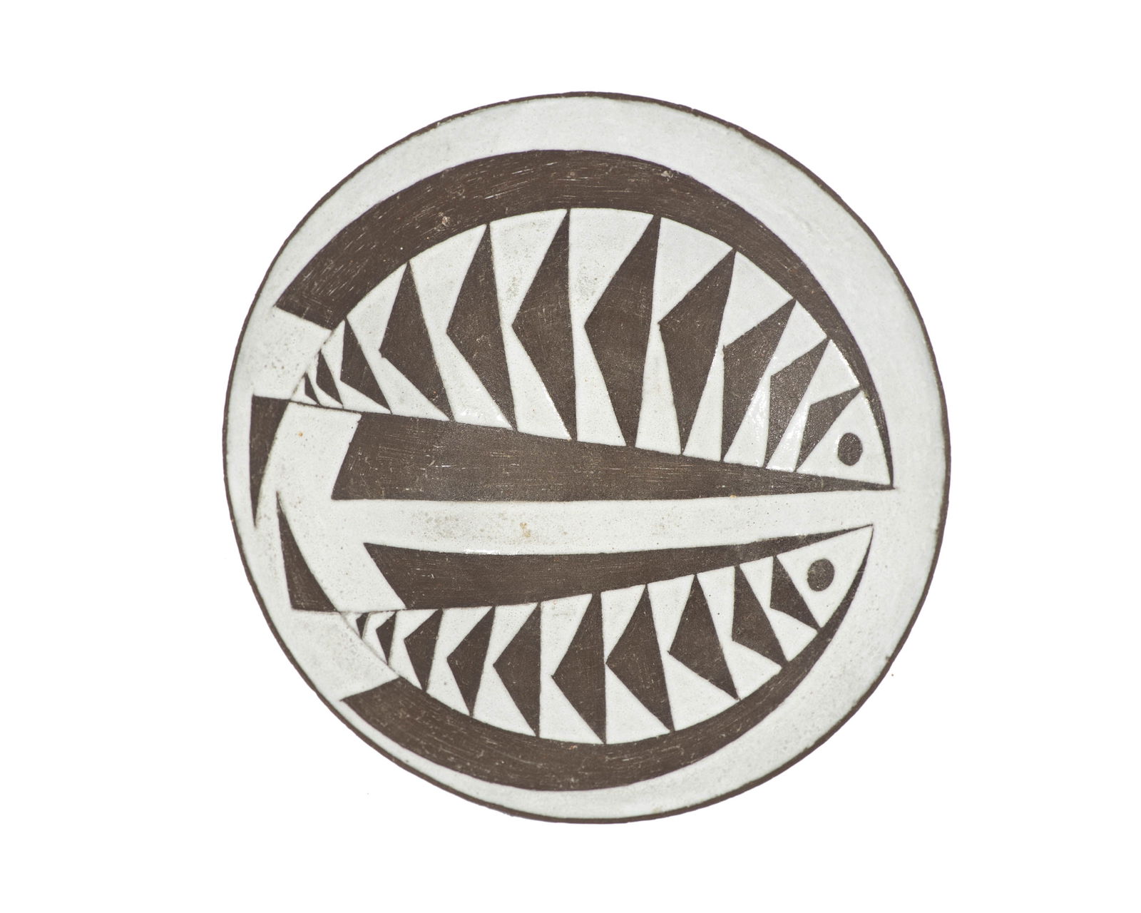 Thomas Toft Denmark Pottery Bowl: Bowl with fish design by Thomas Toft (Danish; 20th century). Made in Denmark. Marked with Toft's "TT" maker's mark. Also marked "Denmark 15" to the underside.Measurements: