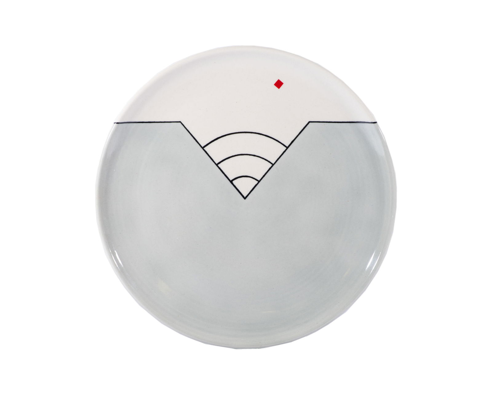 Michael Duvall 1982 Postmodern Plate: Postmodern ceramic plate by Michael Duvall (American; 1950-2004). Signed "Duvall '82" on the underside.Measurements: 11.25" W x 11.25" D x 1" H.In house shipping avai