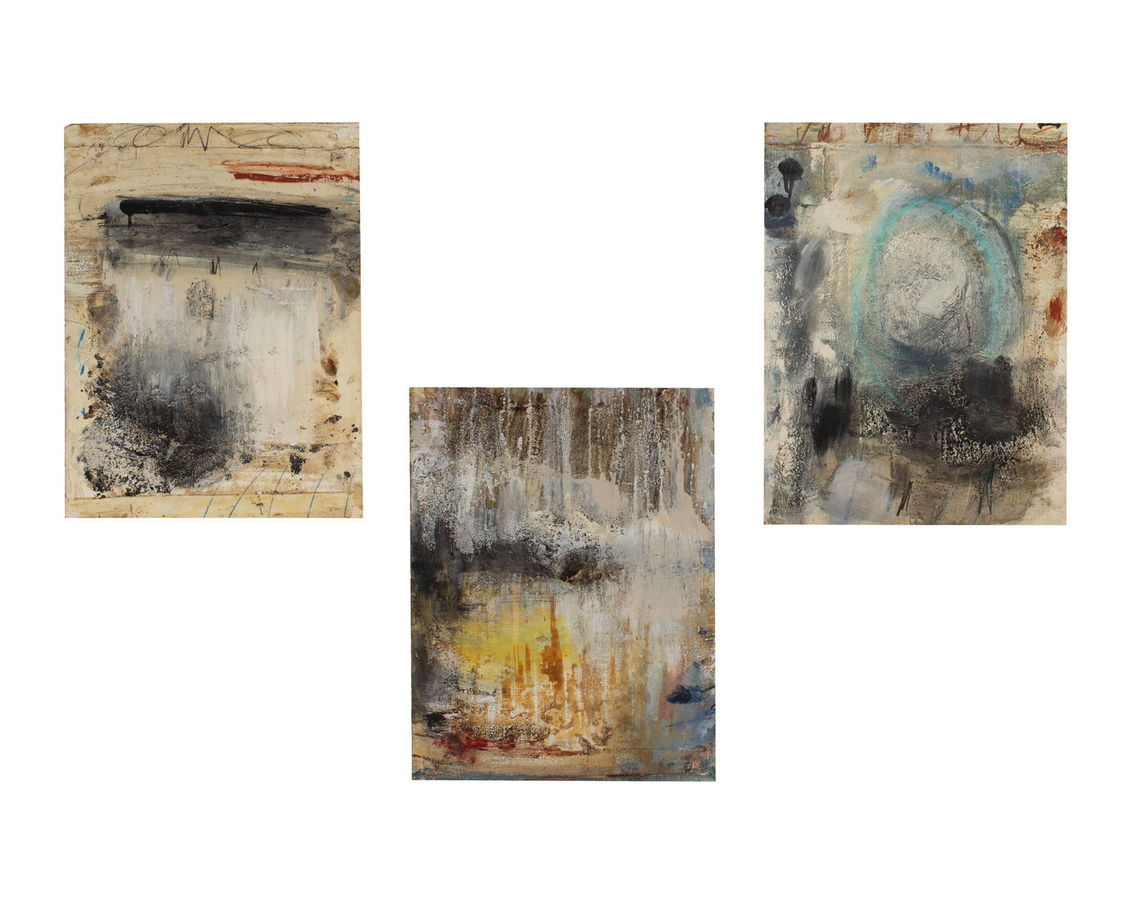 Juliet Holland 2006 "Mikka" Mixed Media Paintings and Collages on Board: Group of three mixed media paintings and collages on board by artist Juliet Holland (American; 1937-2007). Included are the works Mikka II, Mikka 6, and Mikka 7. Each work is signed, titled, and dated