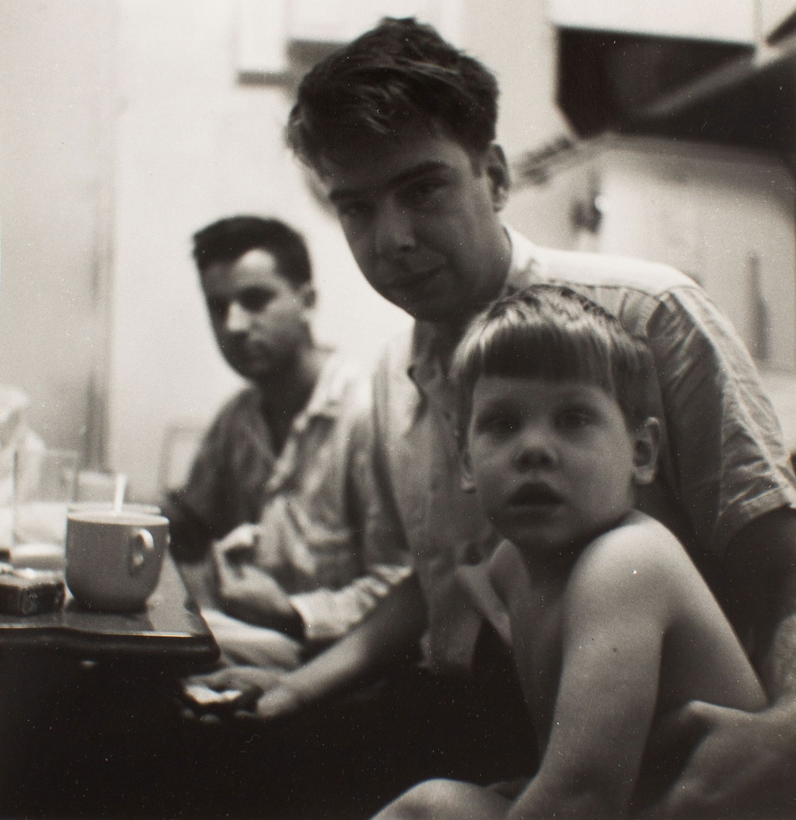 Allen Ginsberg Bob LaGuardia Donald Cook 1950s Photograph: Black and white photograph taken by the American poet Allen Ginsberg of Bob LaGuardia and Donald Cook. Hand-written note at bottom reads, "Bob LaGuardia, poet & Donald Cook + babe, near Colum