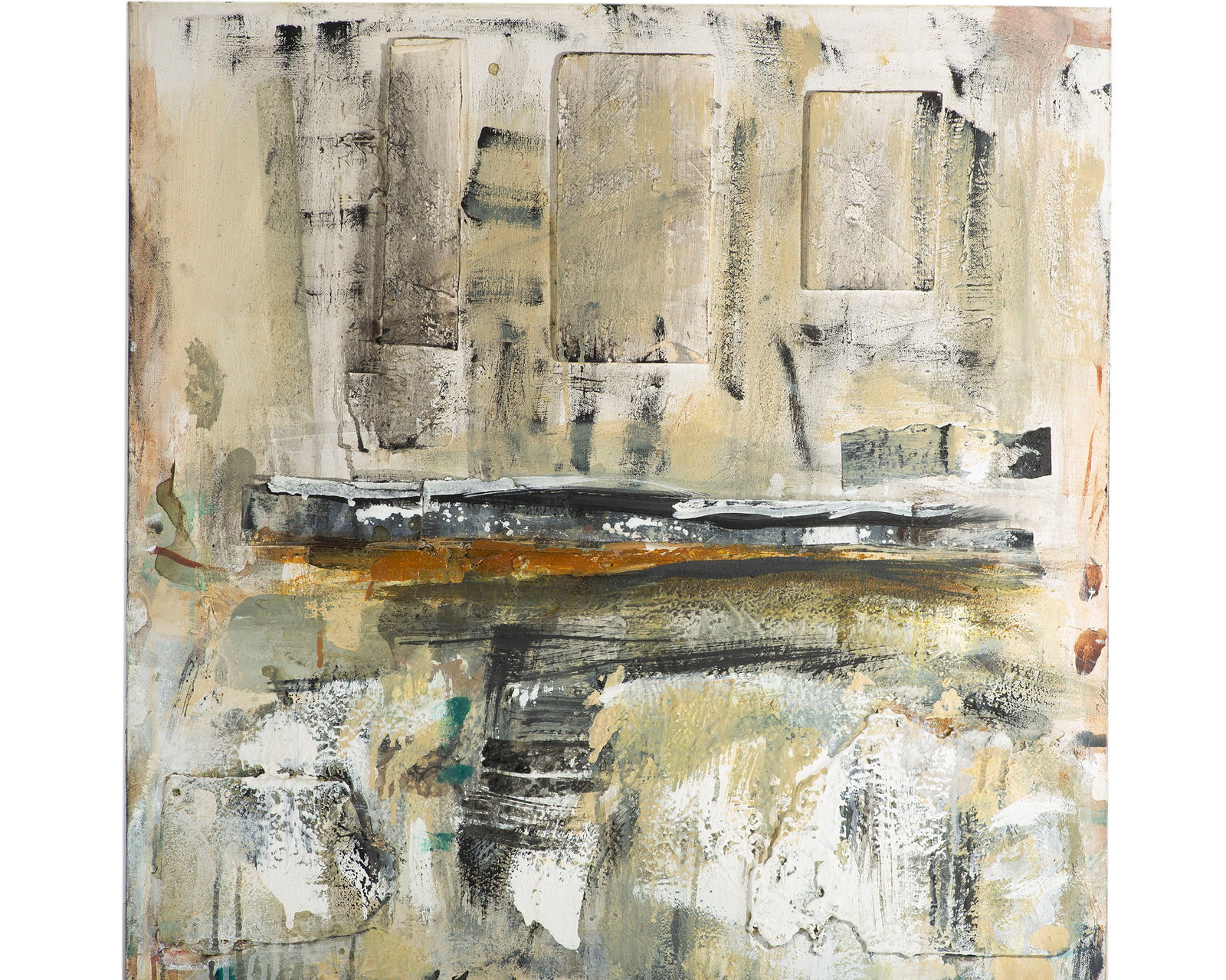 Juliet Holland 2012 “IMA III" Mixed Media Painting and Collage on Canvas: 2012 mixed media painting and collage on canvas by artist Juliet Holland (American; 1937-2017). Titled IMA III. Signed, dated, and titled verso. Born in Wellesley Hills and Duxbury, Massachusetts, Ju