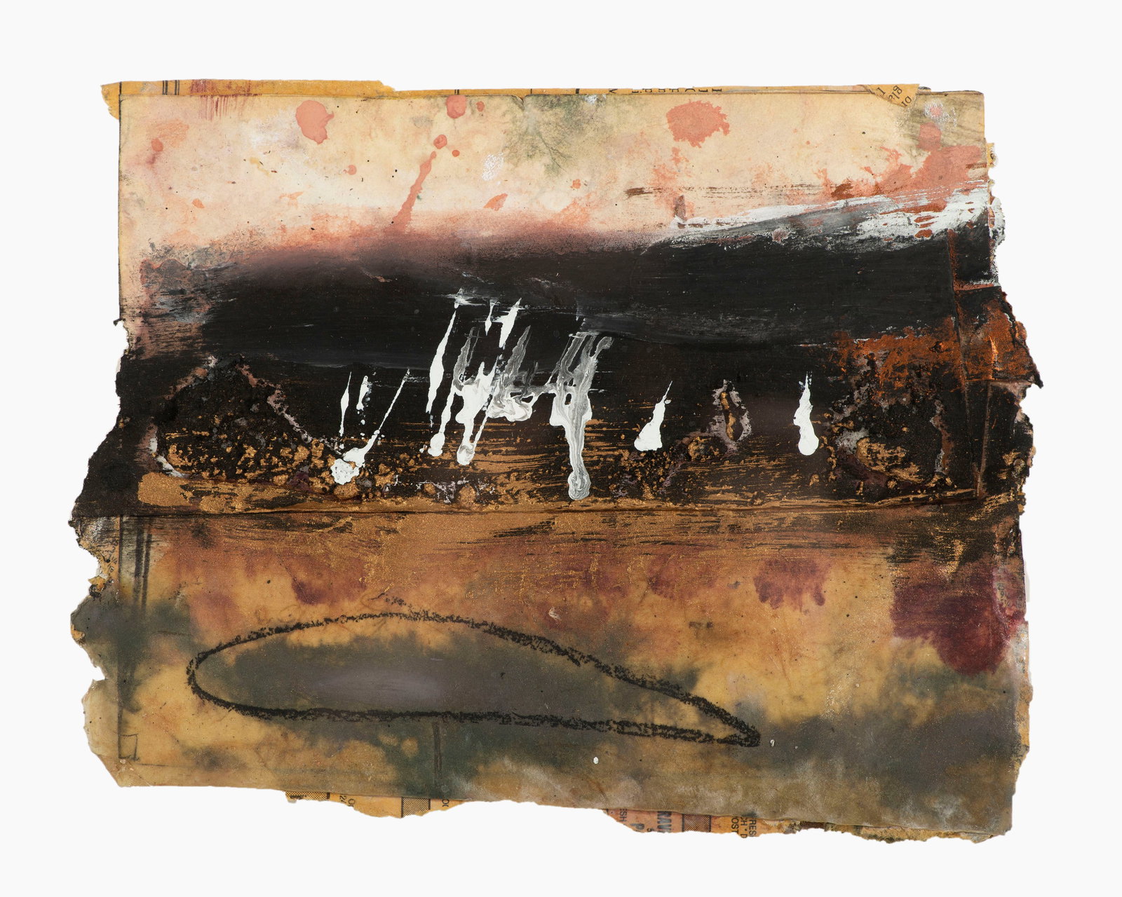 Juliet Holland 1990 “Magma Sand Script IV" Mixed Media Painting and Collage on Paper: 1990 mixed media painting and collage on paper by artist Juliet Holland (American; 1937-2017). Titled Magma Sand Script IV. Signed, titled, and dated verso. Born in Wellesley Hills and Duxbury, Massac